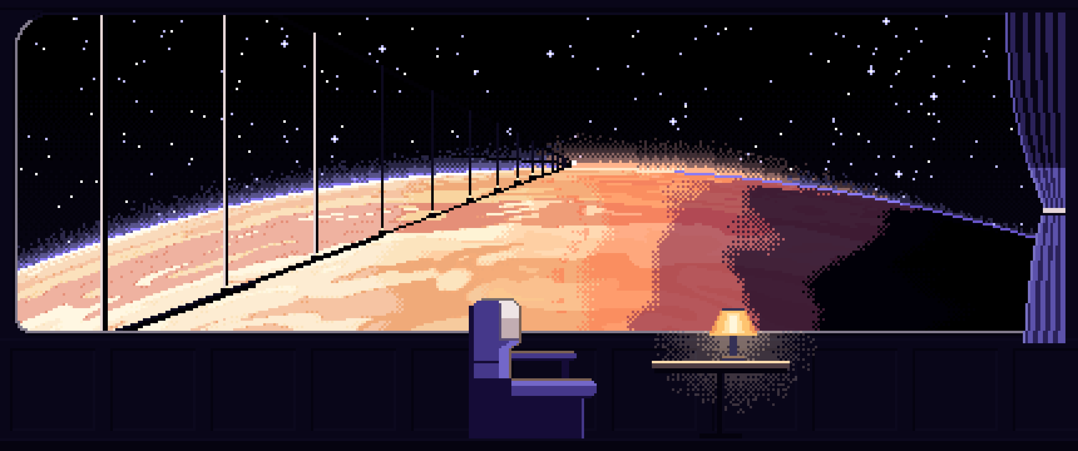 Black Pixel Art Space Train Window Above a Planet ultrawide wallpaper, 3440 × 1440