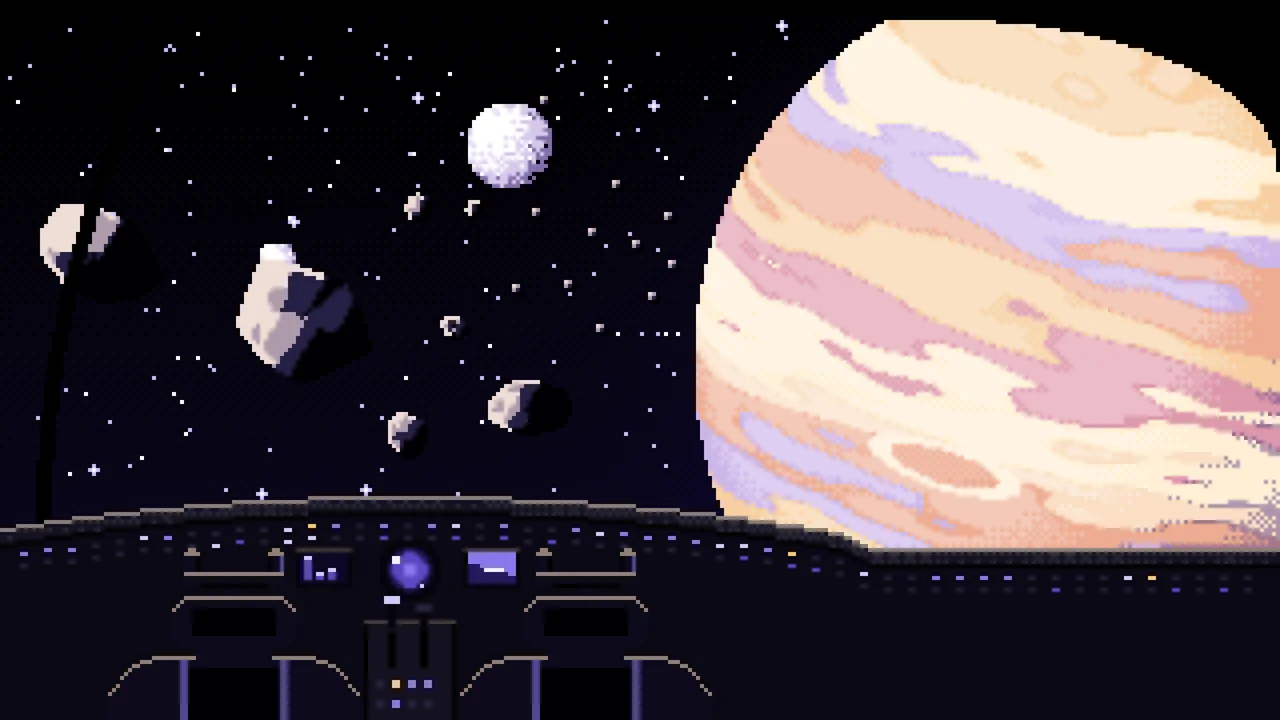 Black Pixel Art Spaceship Cockpit and a Giant Planet desktop wallpaper in 4K