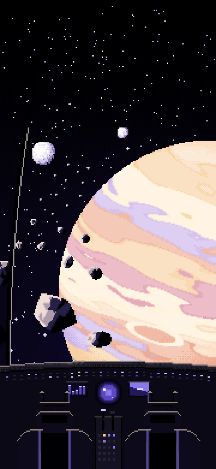 Black Pixel Art Spaceship Cockpit and a Giant Planet wallpaper for iPhone and Android