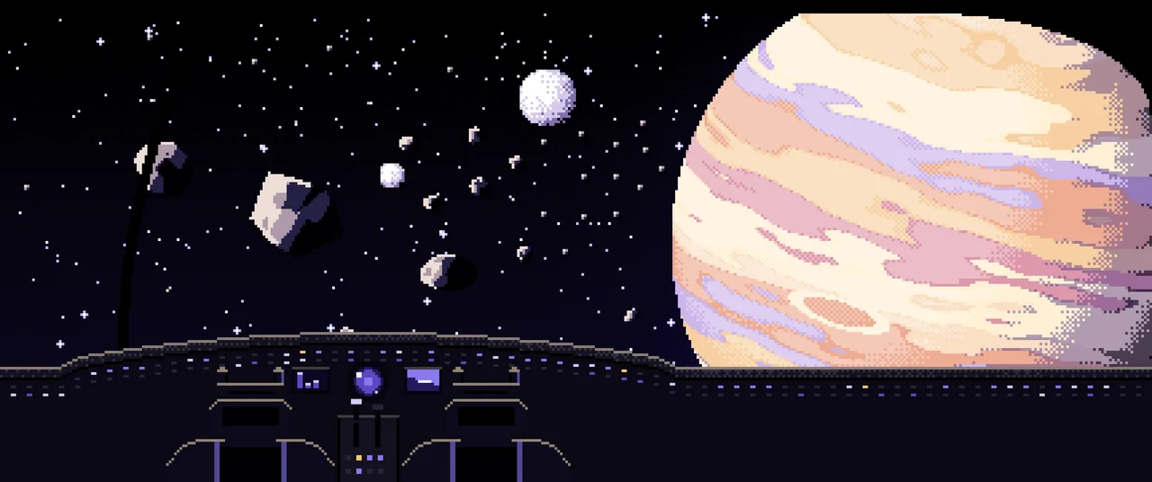Black Pixel Art Spaceship Cockpit and a Giant Planet ultrawide wallpaper, 3440 × 1440
