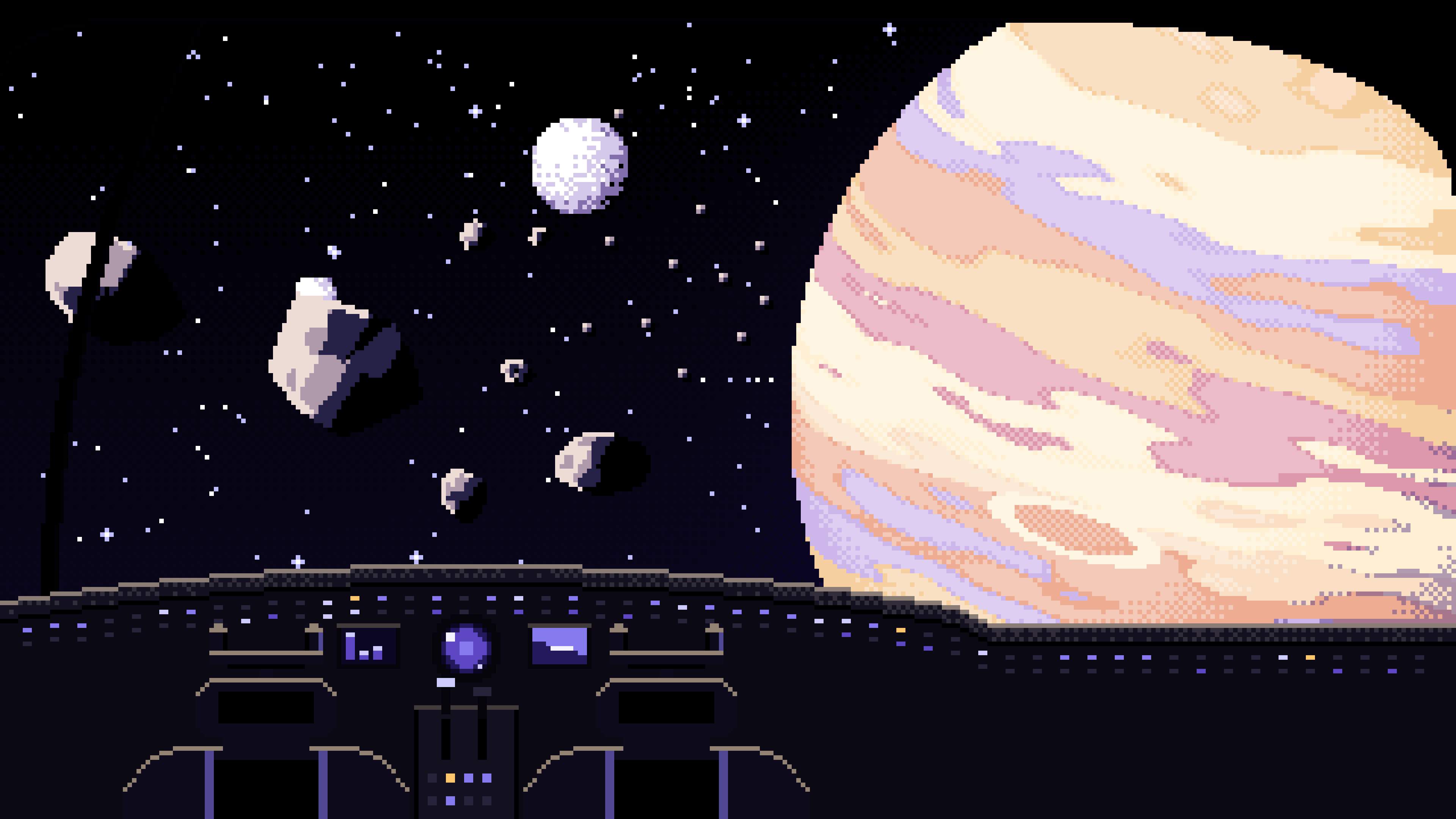 Black Pixel Art Spaceship Cockpit and a Giant Planet desktop wallpaper in 4K