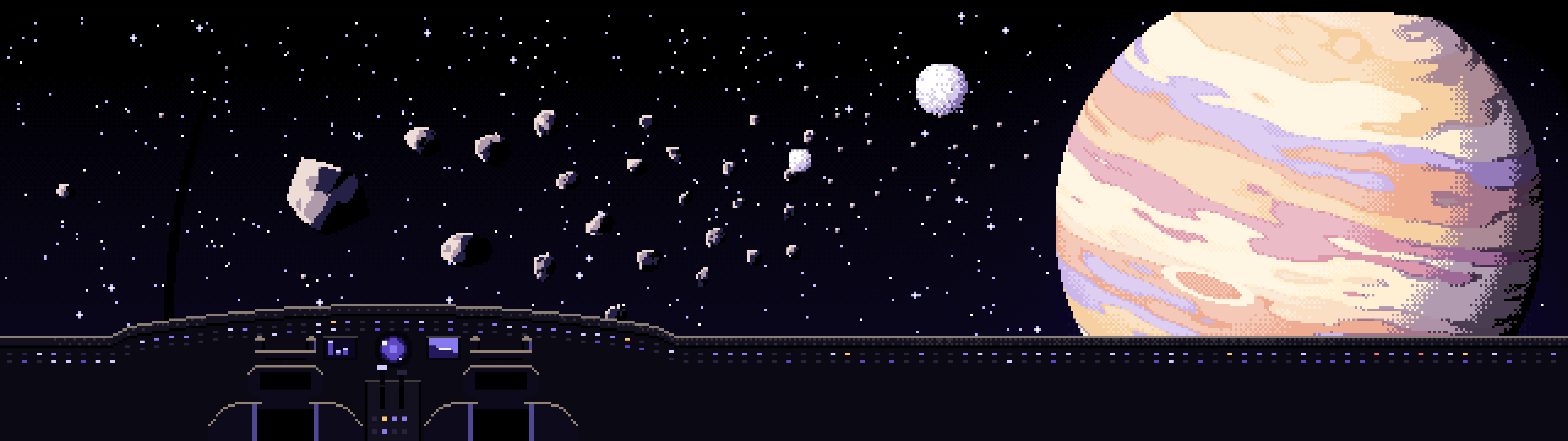 Black Pixel Art Spaceship Cockpit and a Giant Planet dual monitor wallpaper, 7680 × 2160