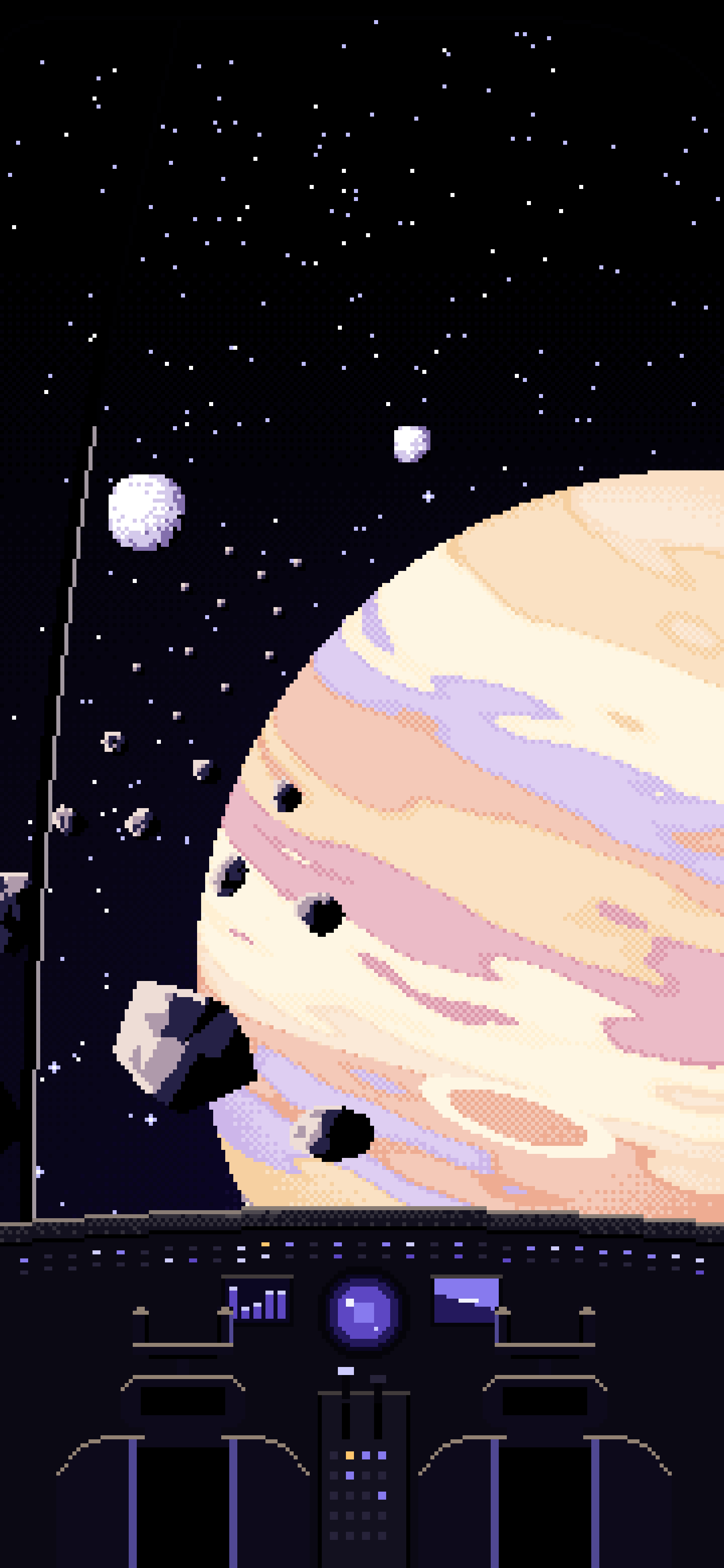 Black Pixel Art Spaceship Cockpit and a Giant Planet wallpaper for iPhone and Android