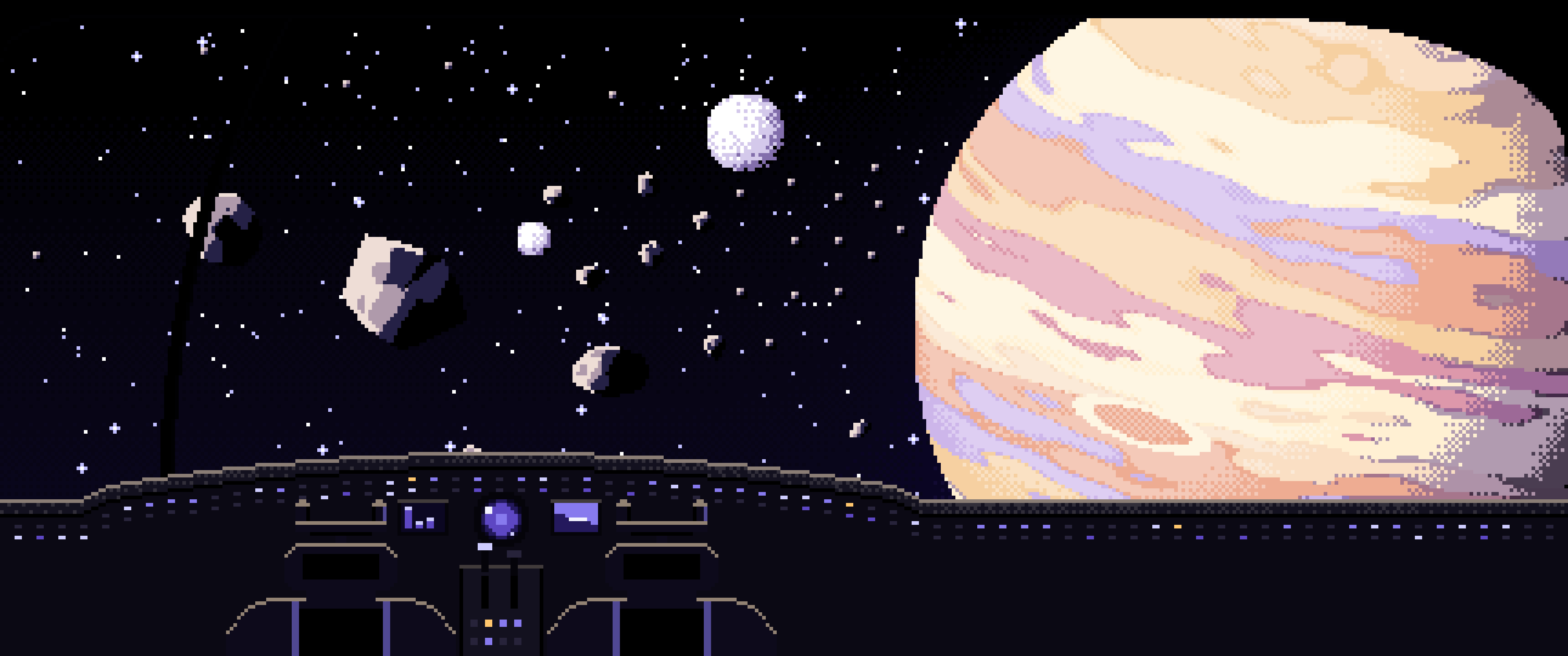 Black Pixel Art Spaceship Cockpit and a Giant Planet ultrawide wallpaper, 3440 × 1440