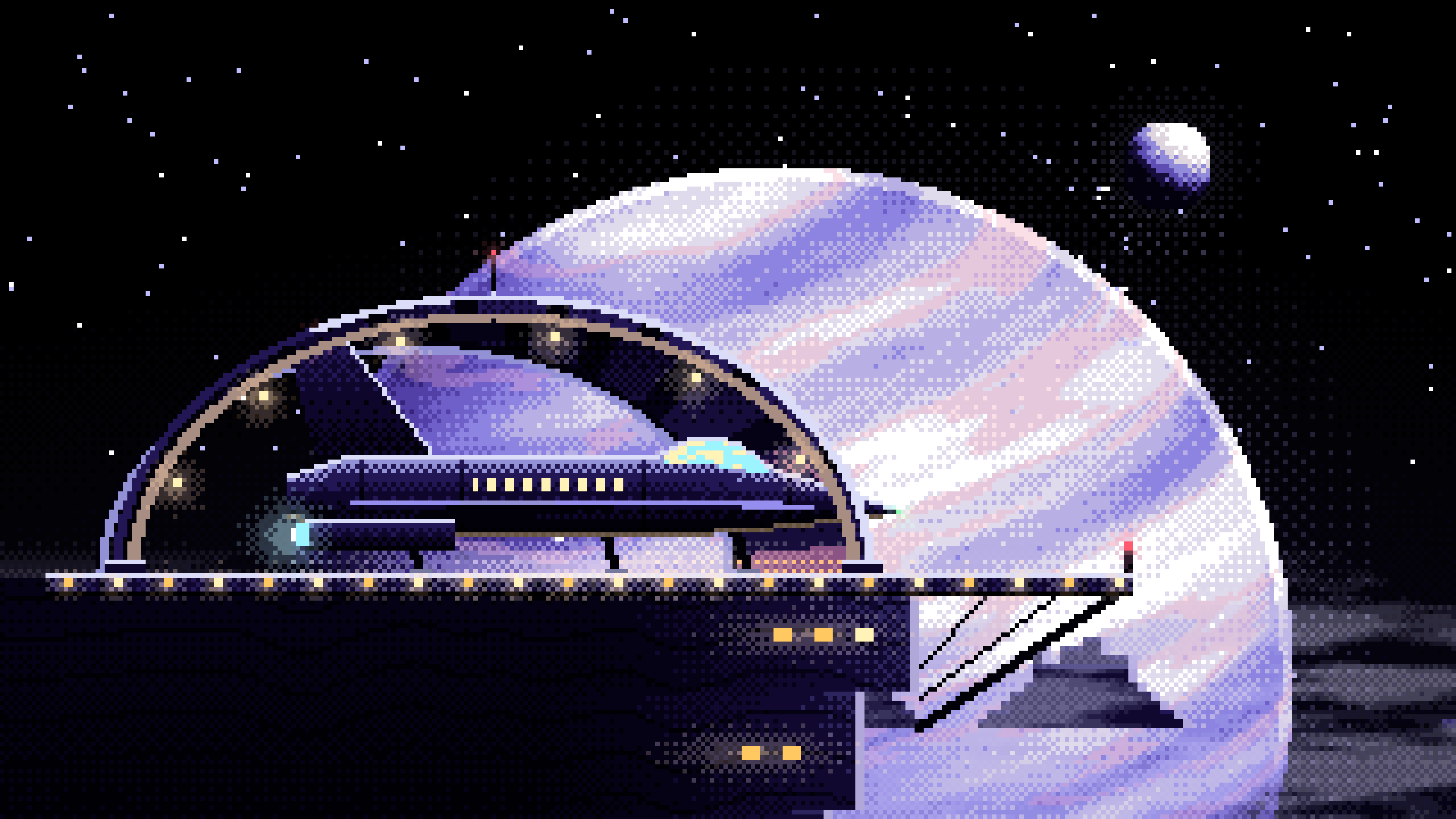 Black Pixel Art Starship Hangar at Planet Rise desktop wallpaper in 4K