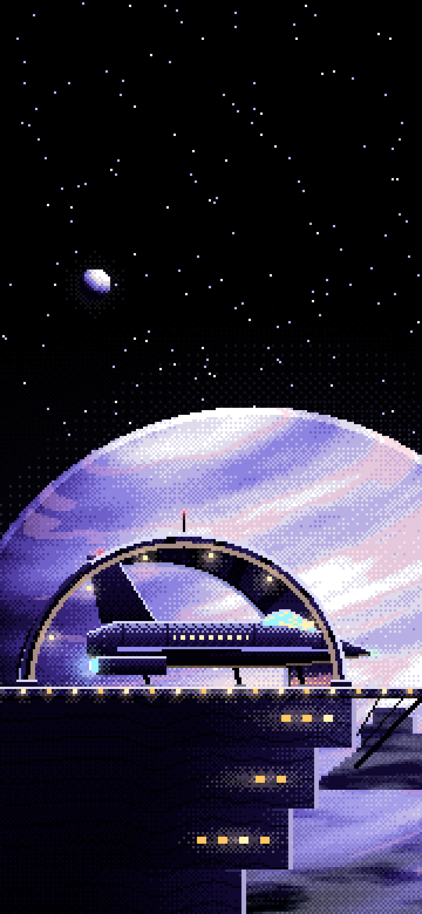Black Pixel Art Starship Hangar at Planet Rise wallpaper for iPhone and Android