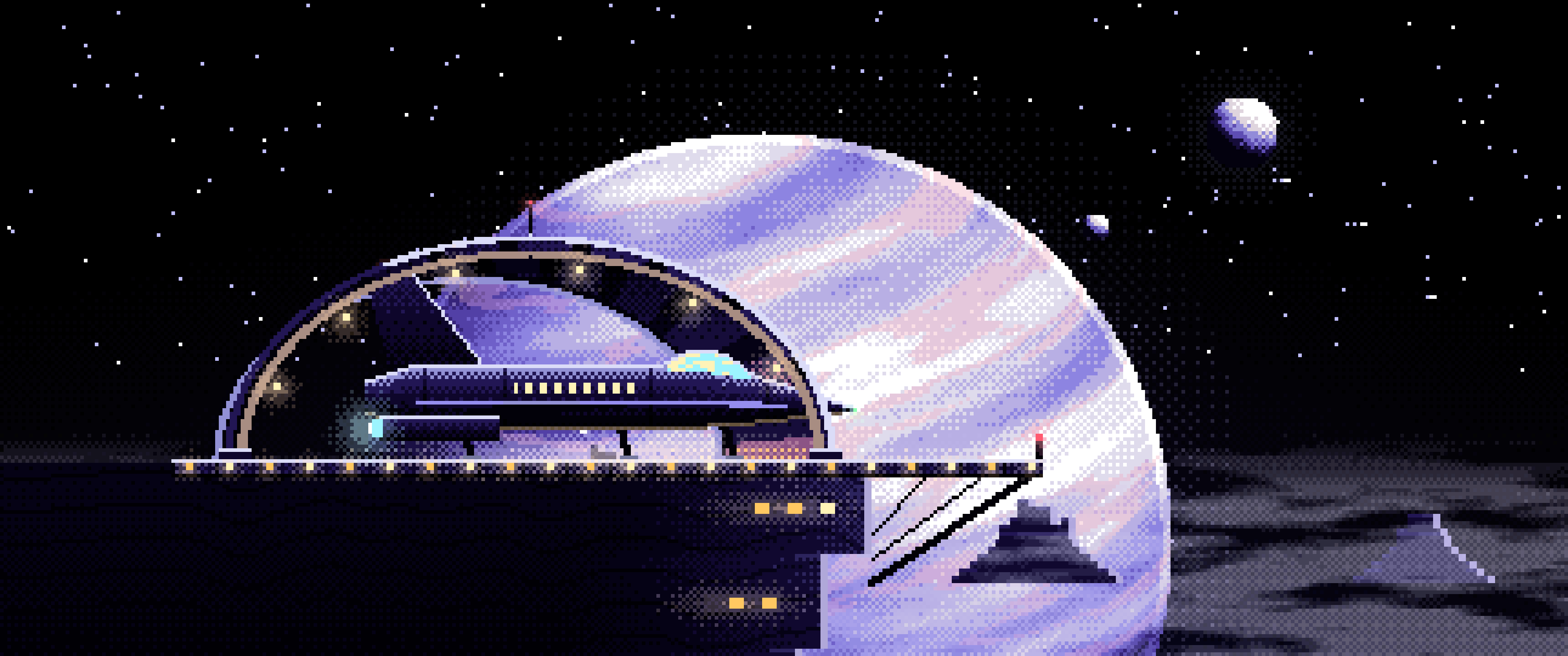 Black Pixel Art Starship Hangar at Planet Rise ultrawide wallpaper, 3440 × 1440