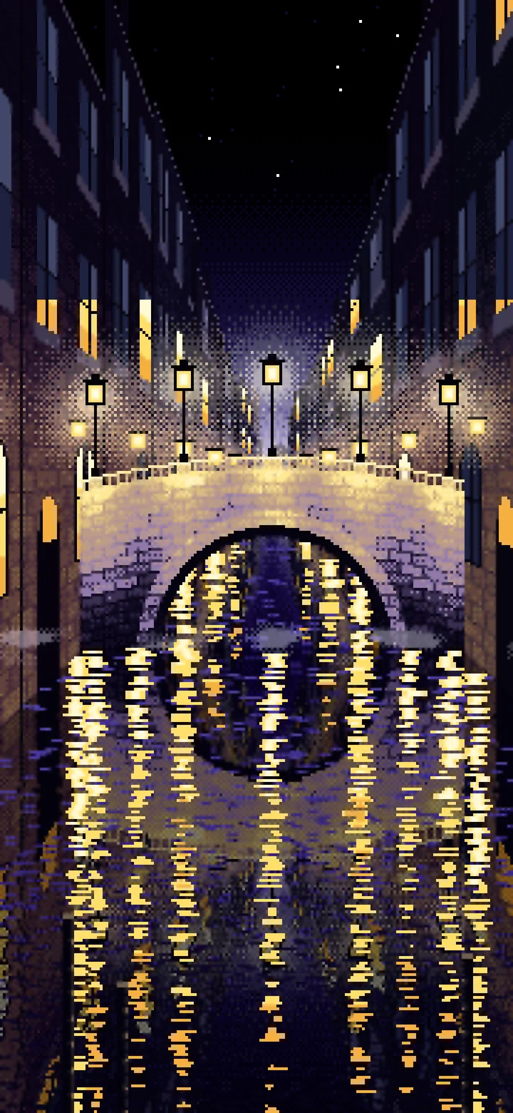 Black Pixel Art Street Lamps on a Canal Bridge at Night wallpaper for iPhone and Android