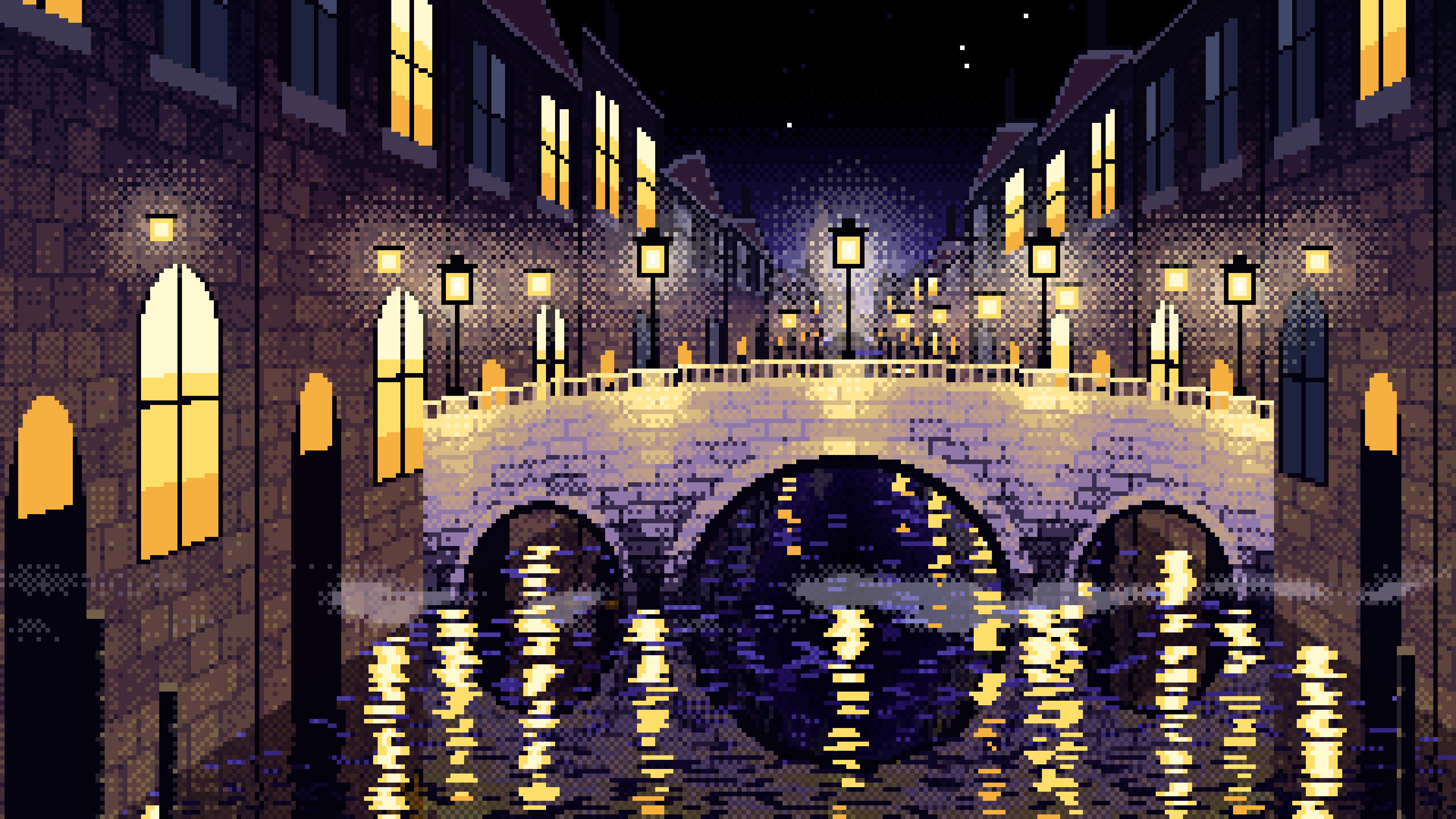 Black Pixel Art Street Lamps on a Canal Bridge at Night desktop wallpaper in 4K
