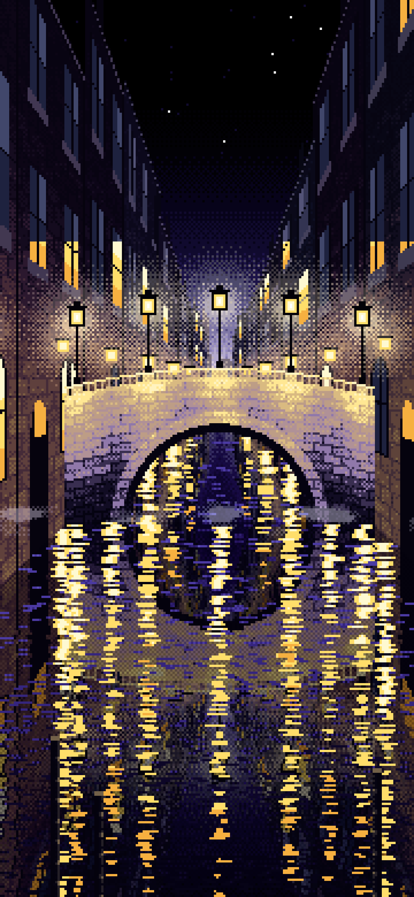 Black Pixel Art Street Lamps on a Canal Bridge at Night wallpaper for iPhone and Android