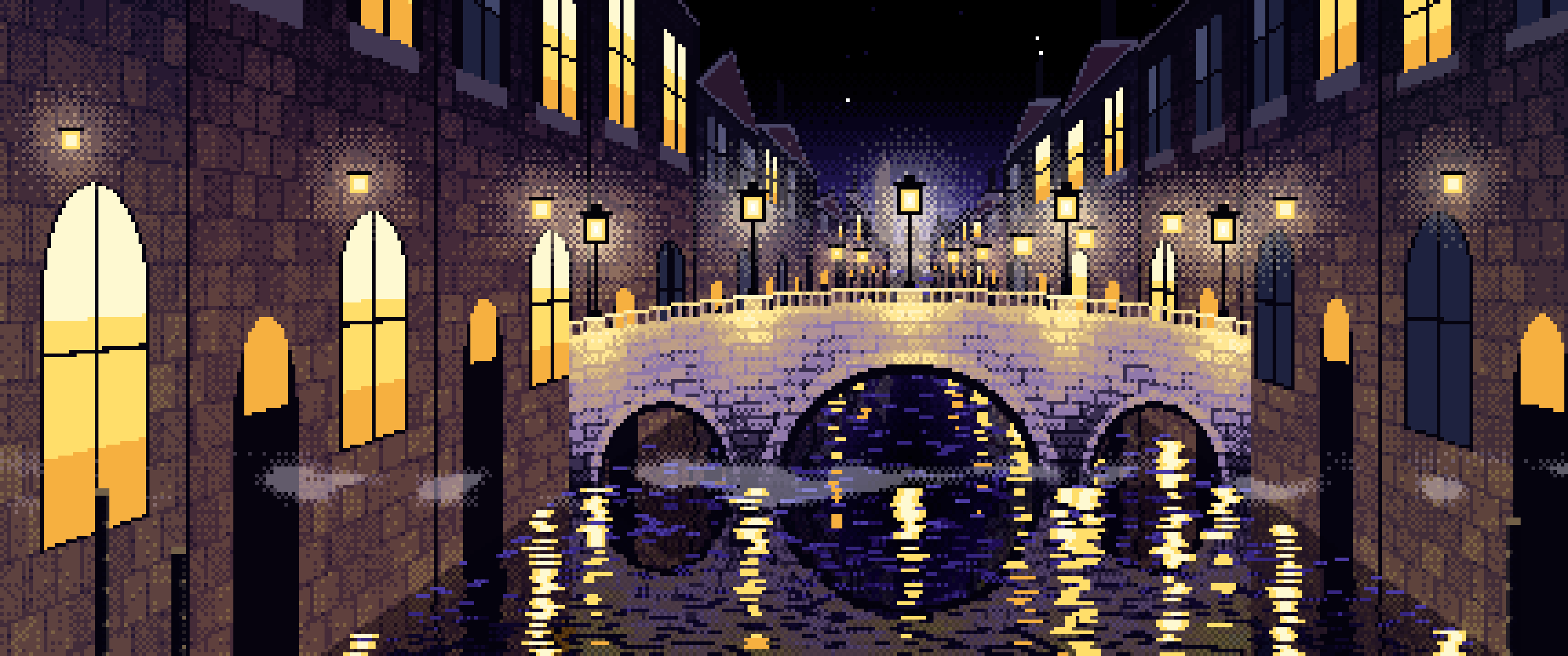 Black Pixel Art Street Lamps on a Canal Bridge at Night ultrawide wallpaper, 3440 × 1440