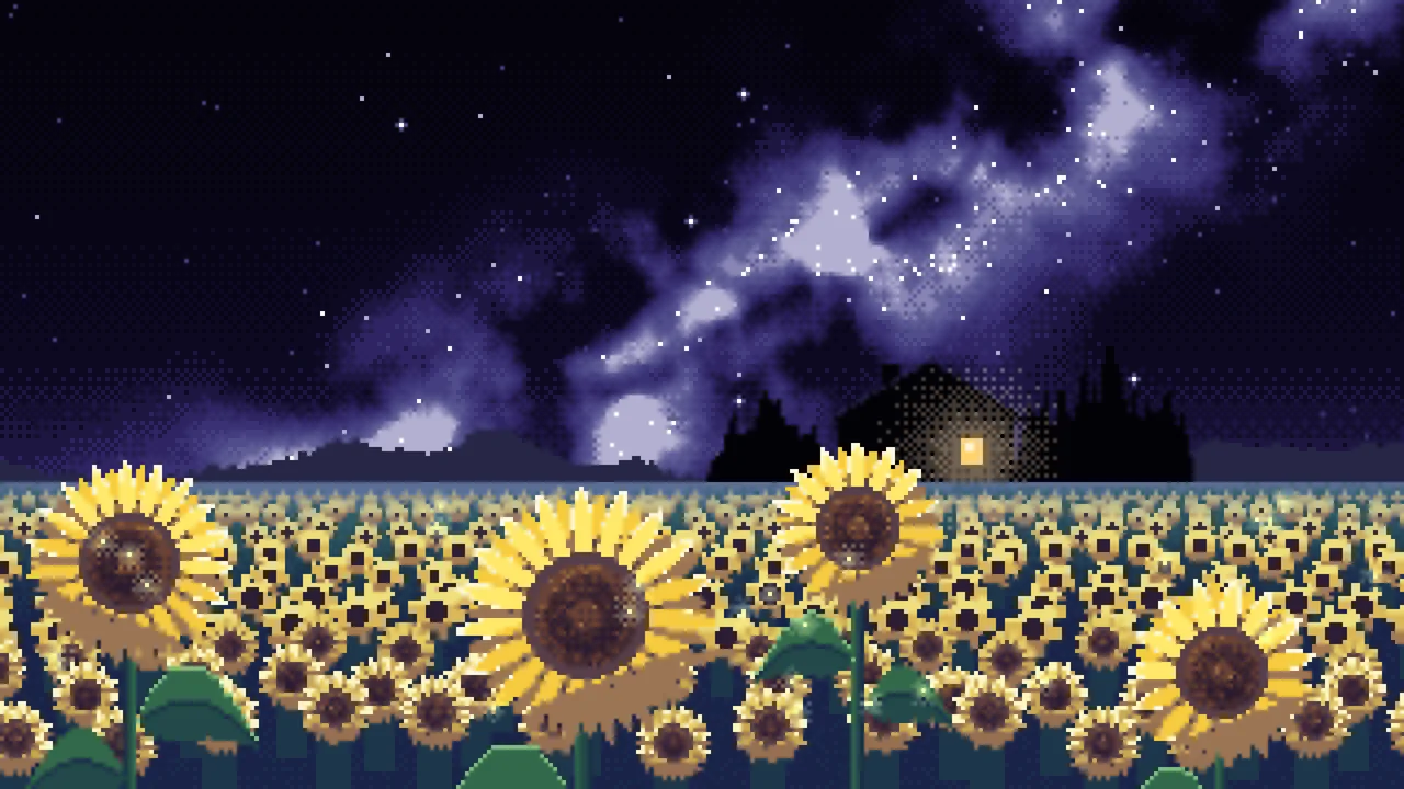 Black Pixel Art Sunflower Field at Night desktop wallpaper in 4K