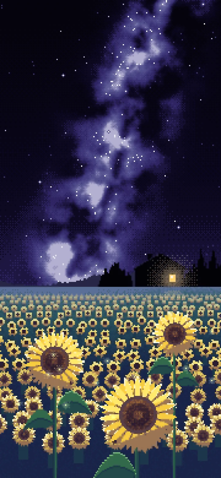 Black Pixel Art Sunflower Field at Night wallpaper for iPhone and Android