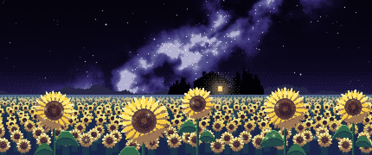 Black Pixel Art Sunflower Field at Night ultrawide wallpaper, 3440 × 1440