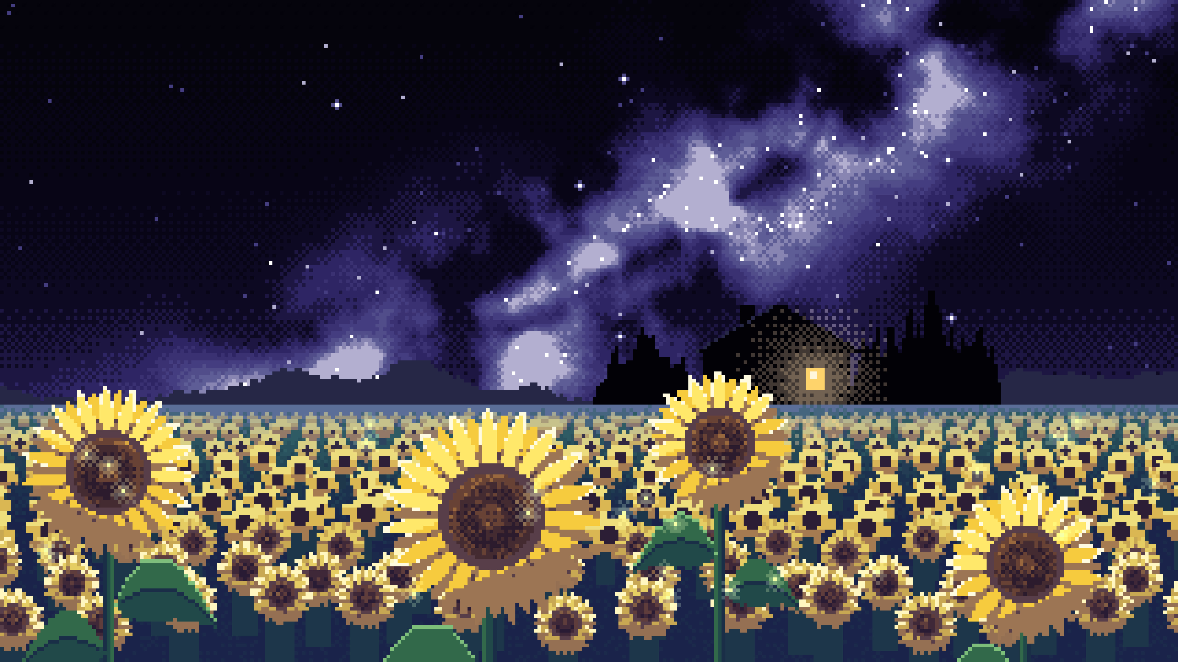 Black Pixel Art Sunflower Field at Night desktop wallpaper in 4K