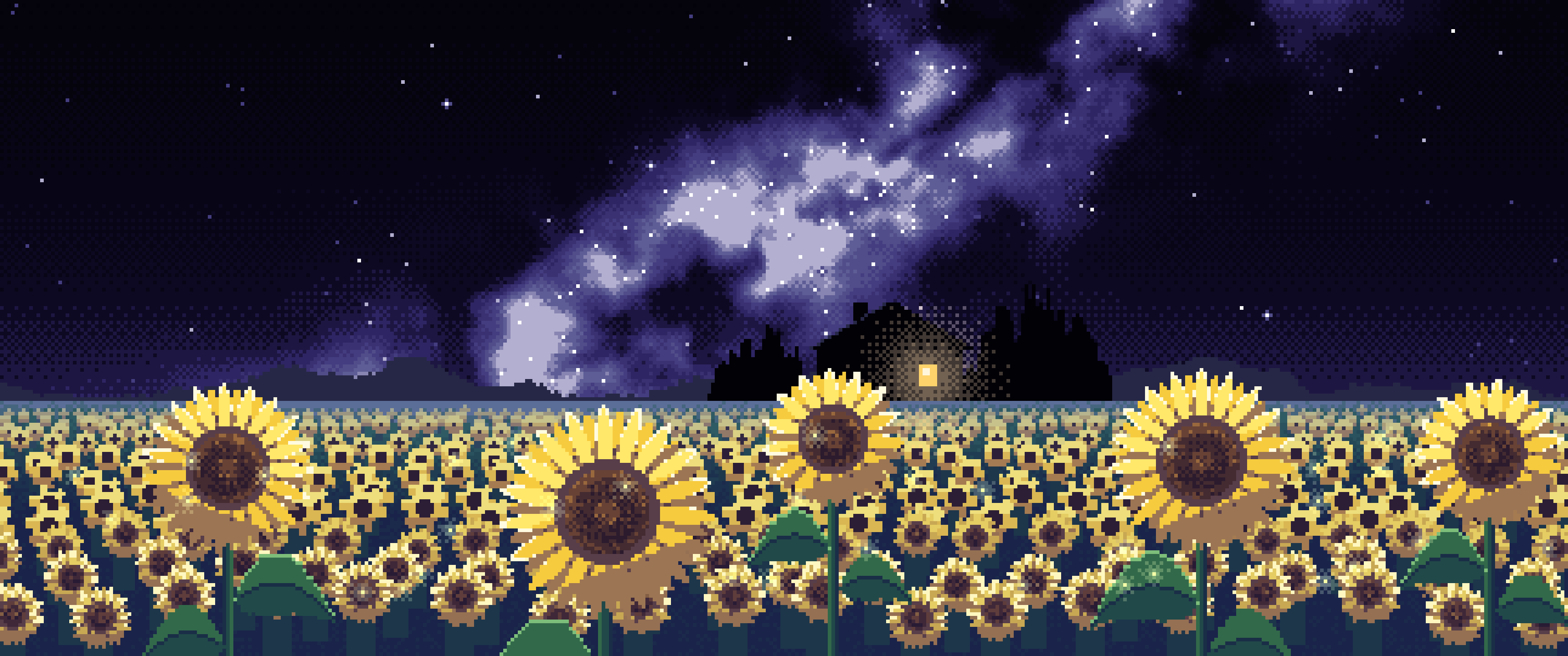 Black Pixel Art Sunflower Field at Night ultrawide wallpaper, 3440 × 1440