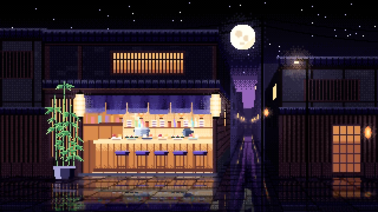 Black Pixel Art Sushi Bar desktop wallpaper in 4K
