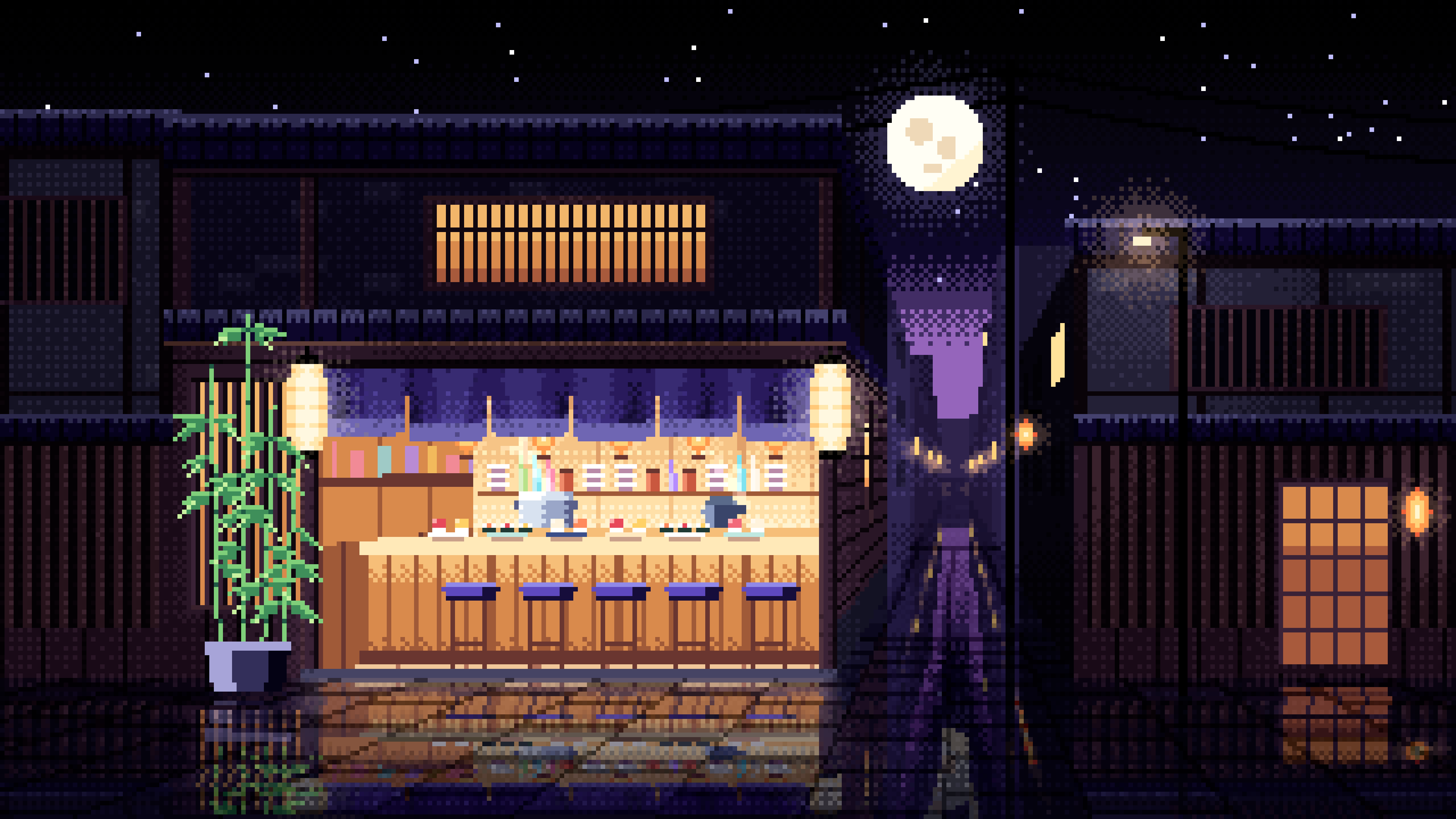 Black Pixel Art Sushi Bar desktop wallpaper in 4K
