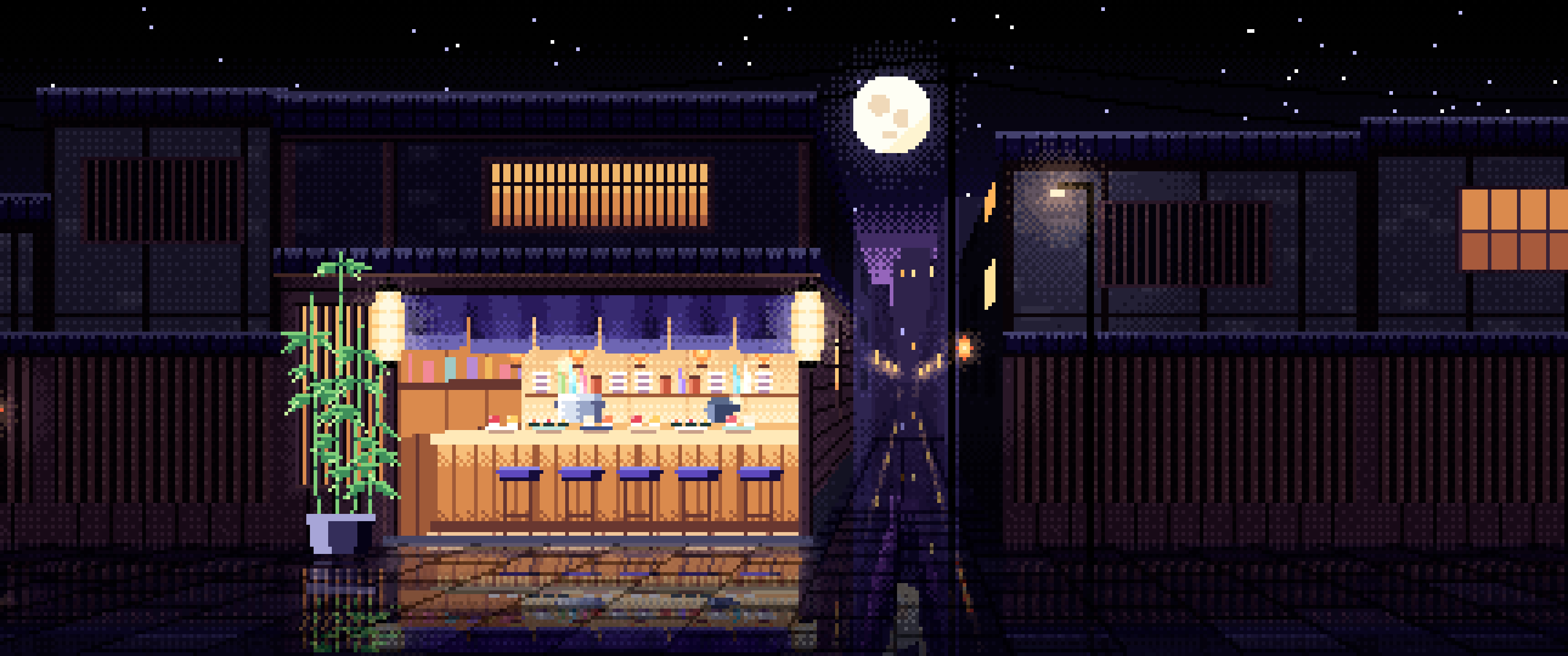 Black Pixel Art Sushi Bar ultrawide wallpaper, 3440 × 1440