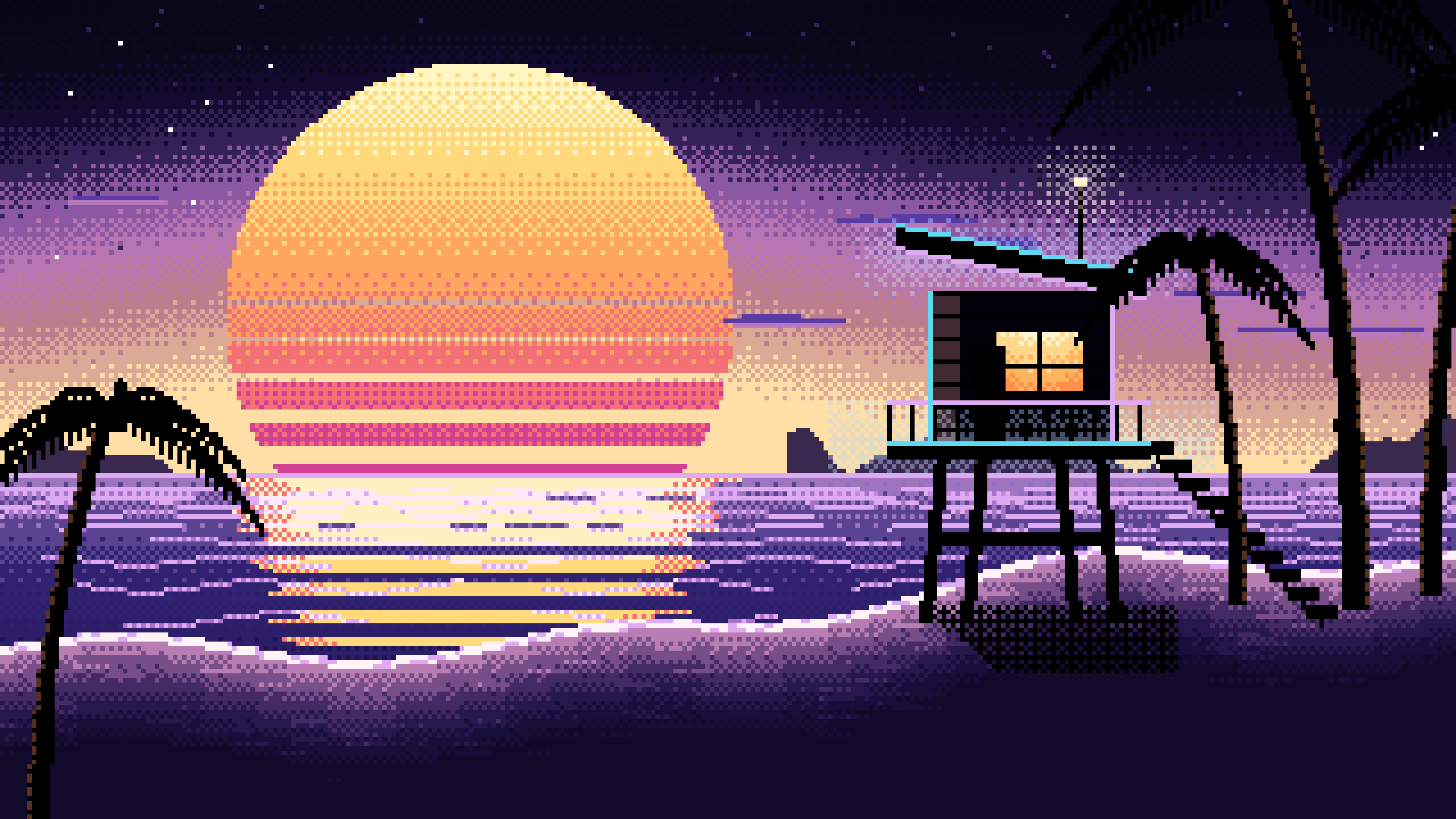 Black Pixel Art Synthwave Beach desktop wallpaper in 4K