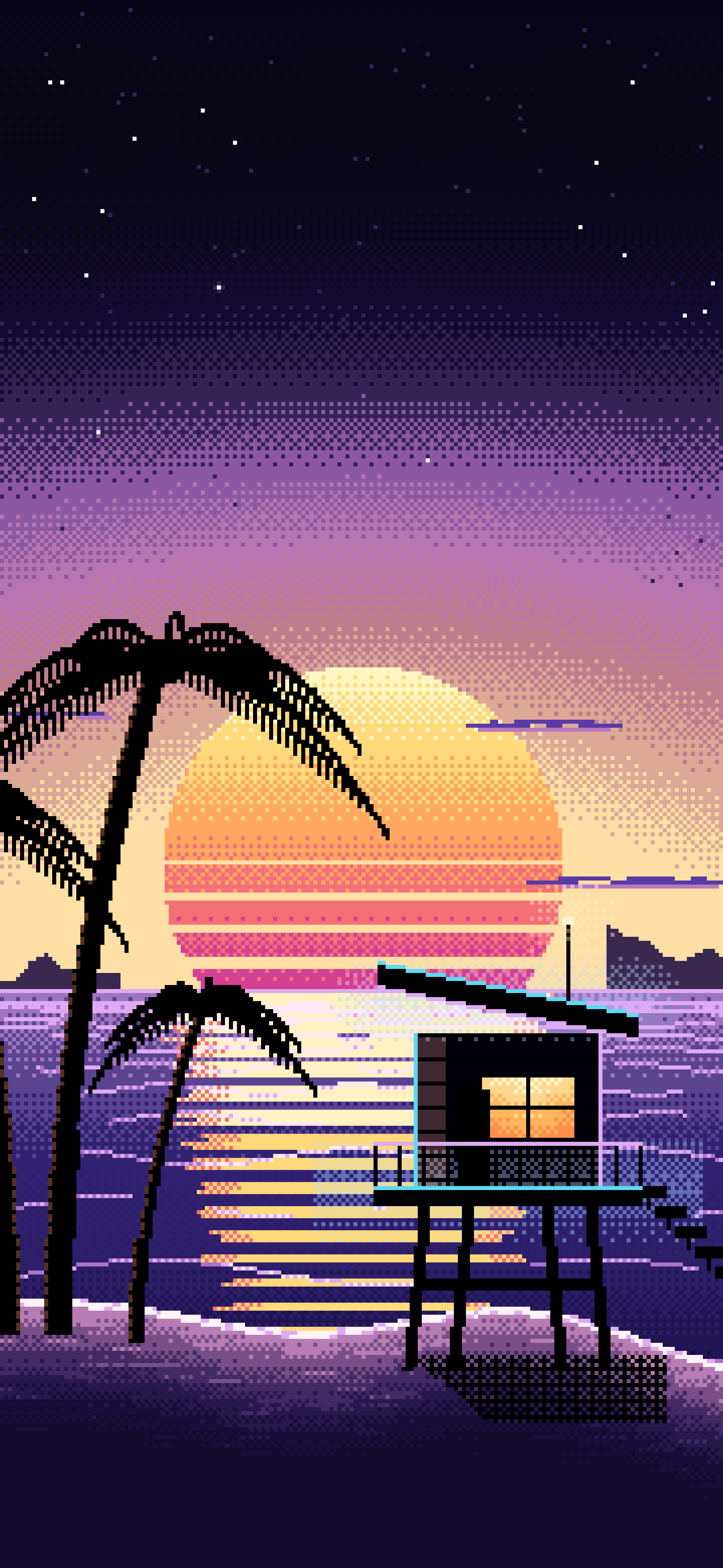 Black Pixel Art Synthwave Beach wallpaper for iPhone and Android