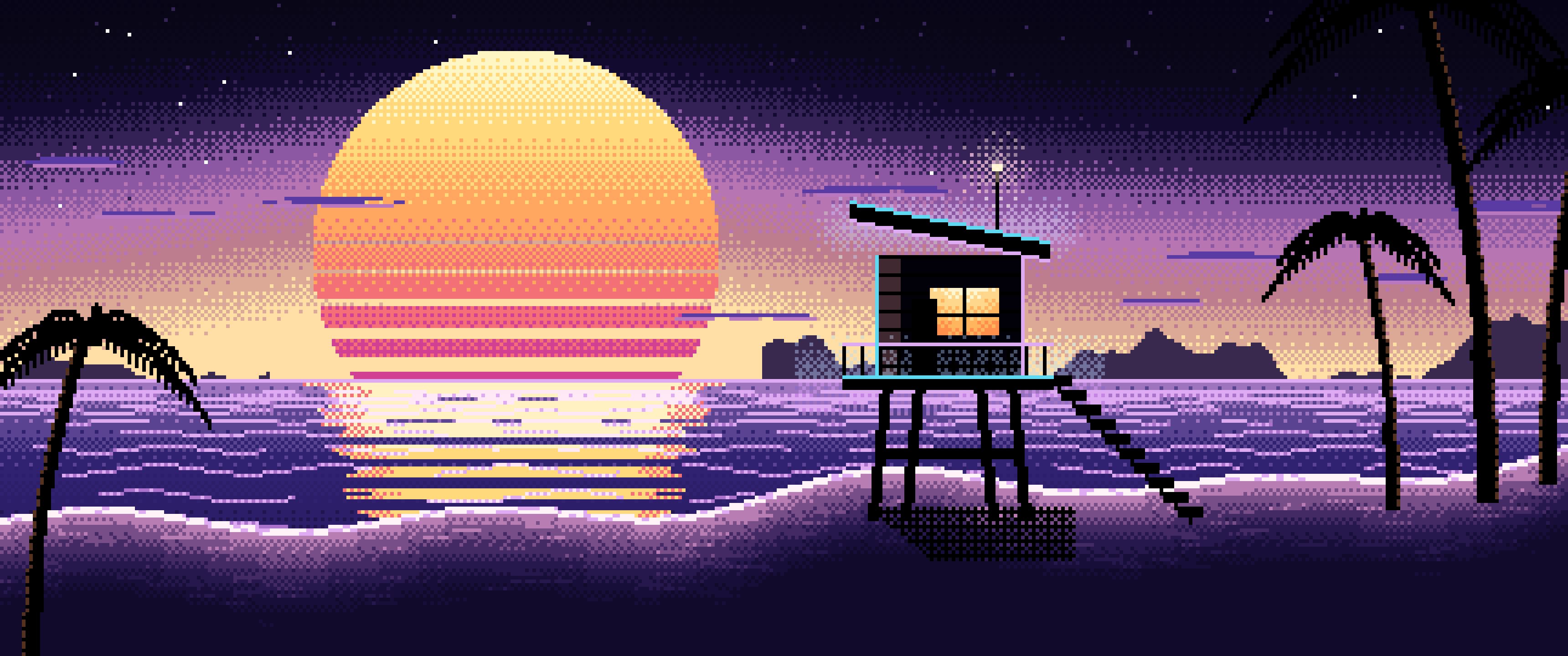 Black Pixel Art Synthwave Beach ultrawide wallpaper, 3440 × 1440