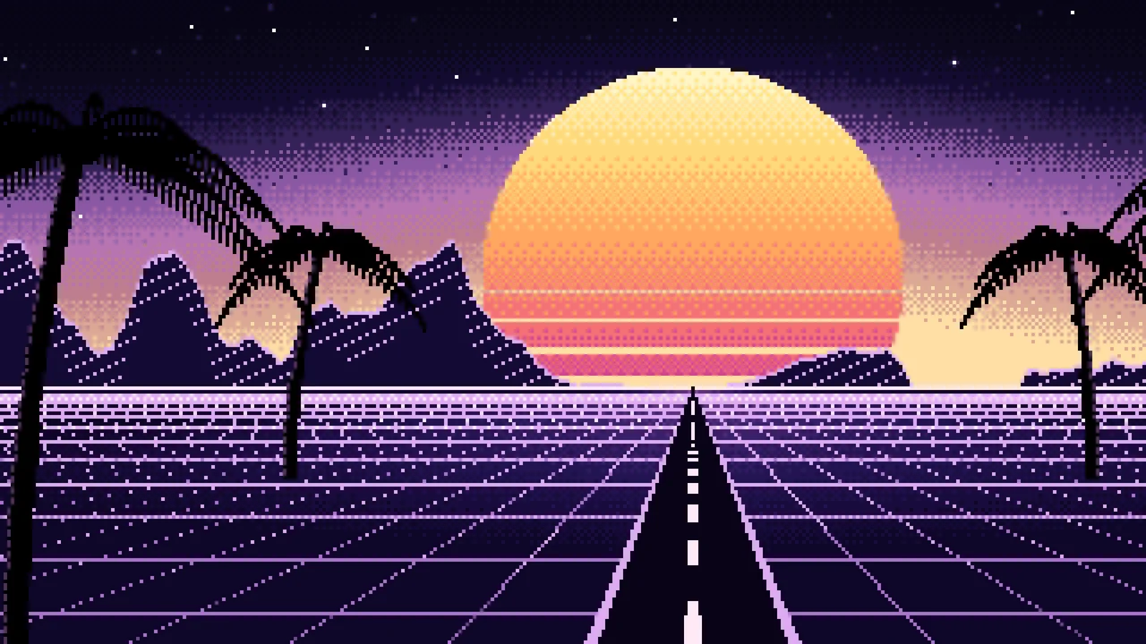 Black Pixel Art Synthwave desktop wallpaper in 4K