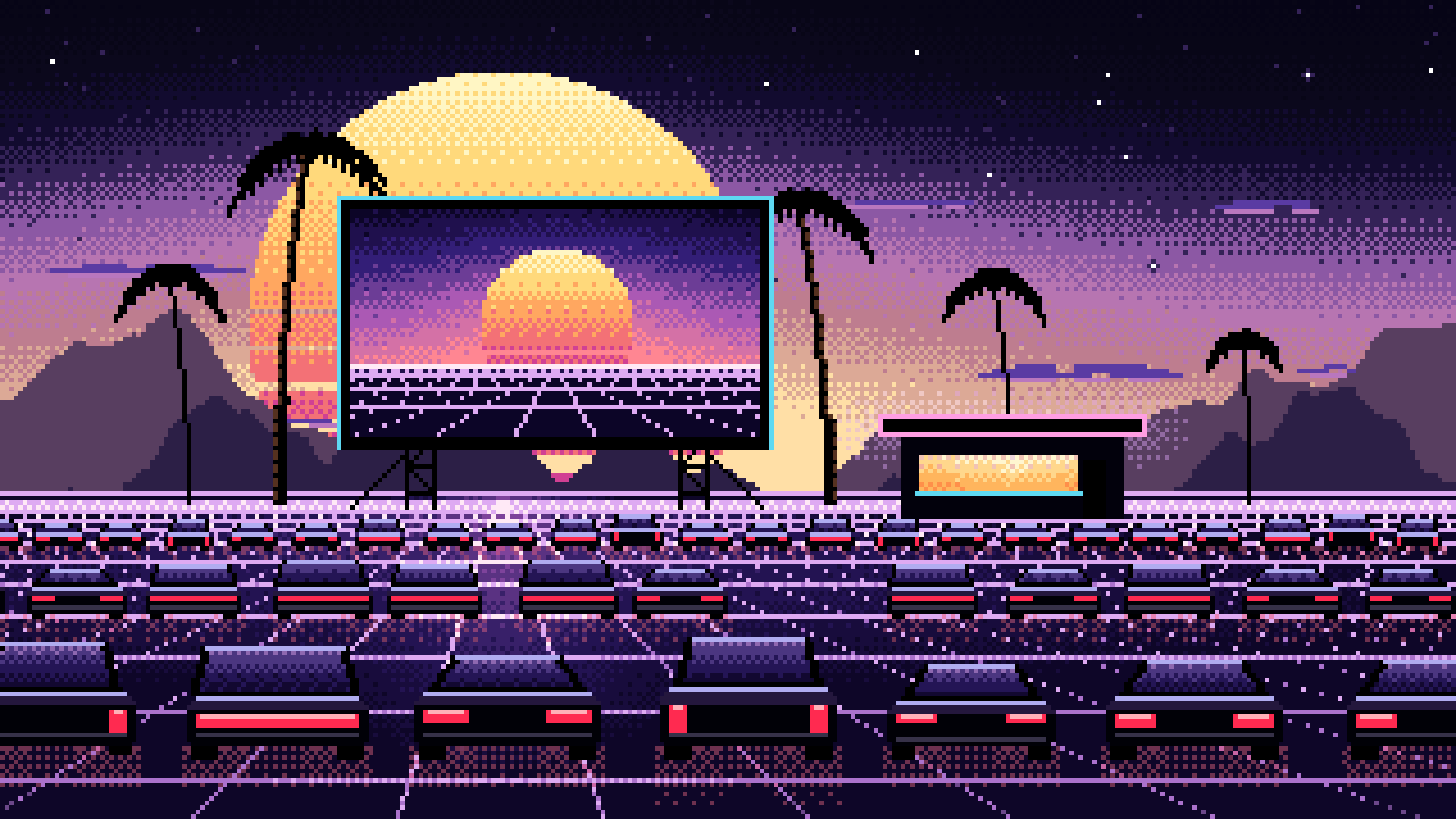 Black Pixel Art Synthwave Drive-In at Sunset desktop wallpaper in 4K