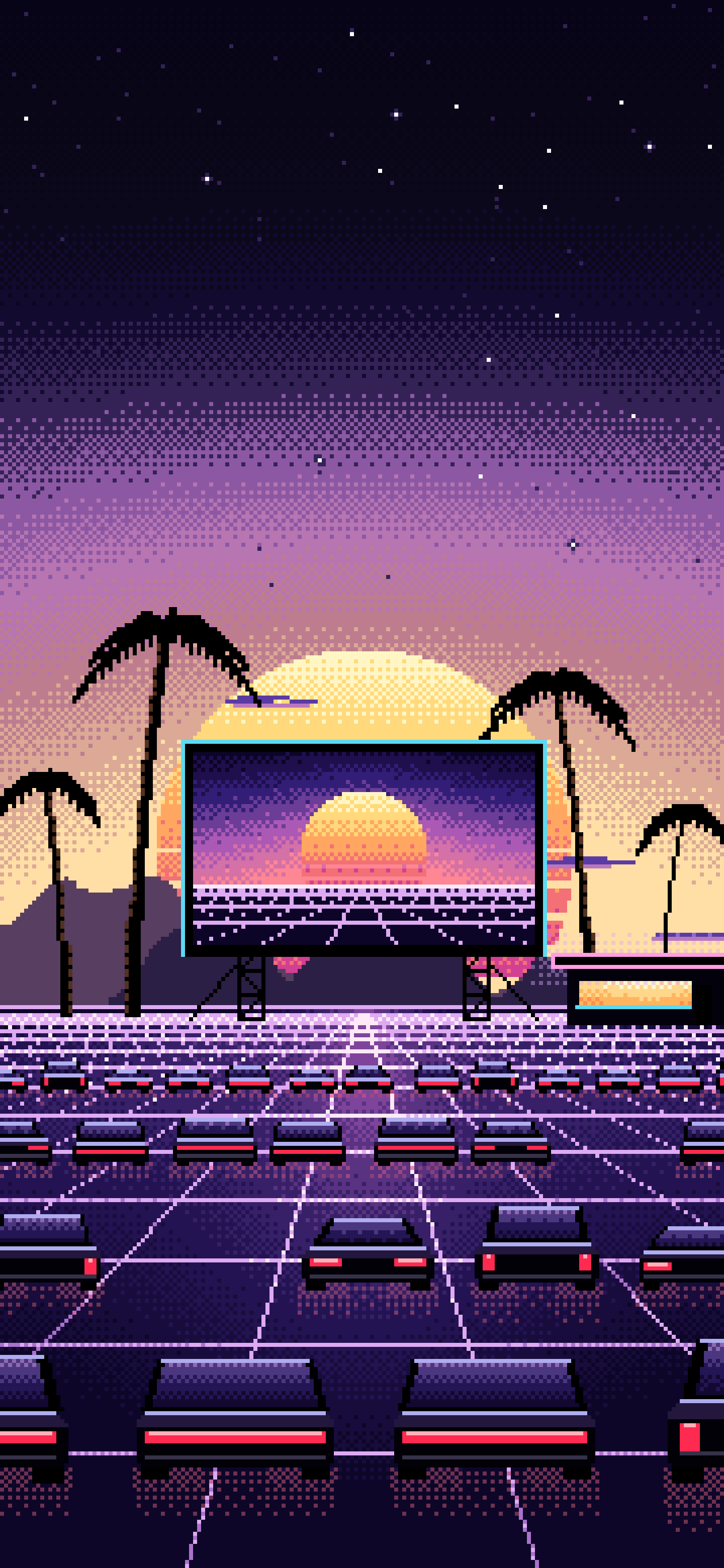 Black Pixel Art Synthwave Drive-In at Sunset wallpaper for iPhone and Android