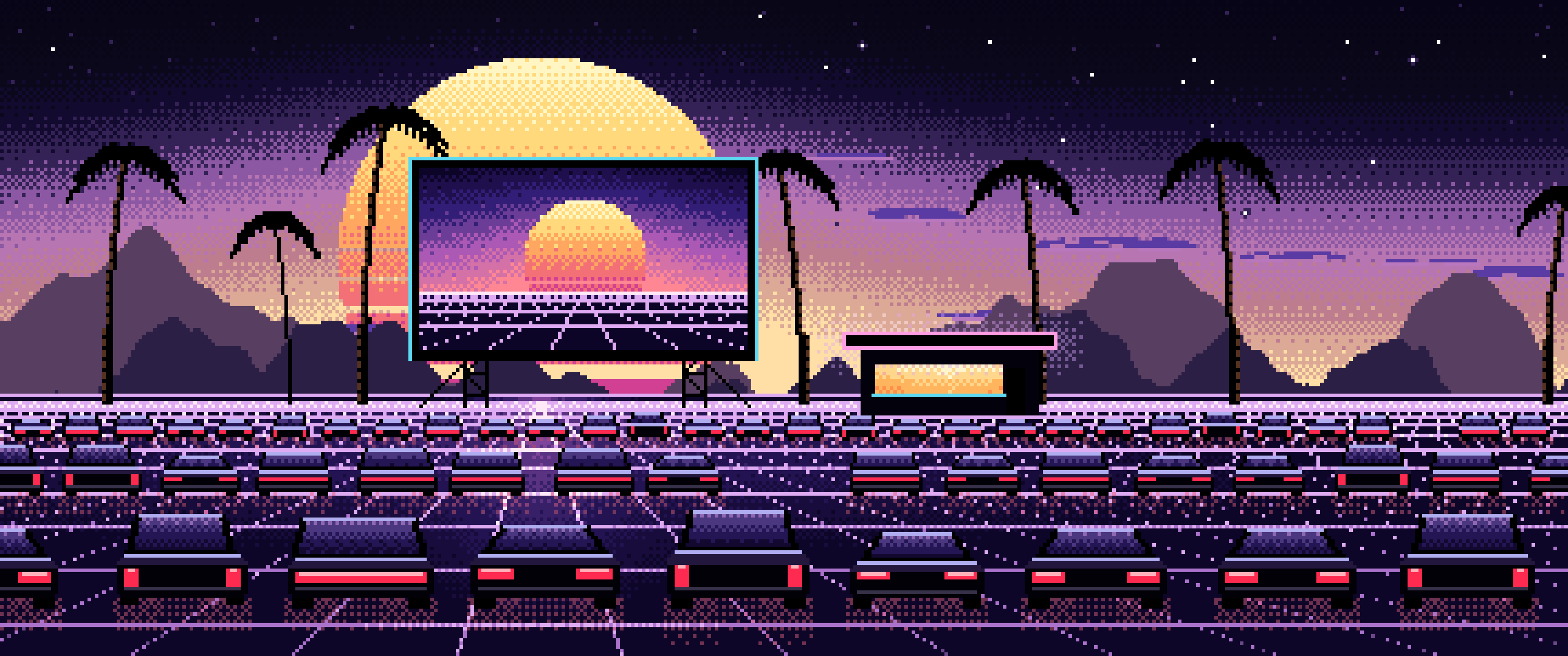 Black Pixel Art Synthwave Drive-In at Sunset ultrawide wallpaper, 3440 × 1440