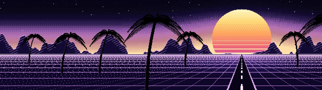 Black Pixel Art Synthwave dual monitor wallpaper, 7680 × 2160