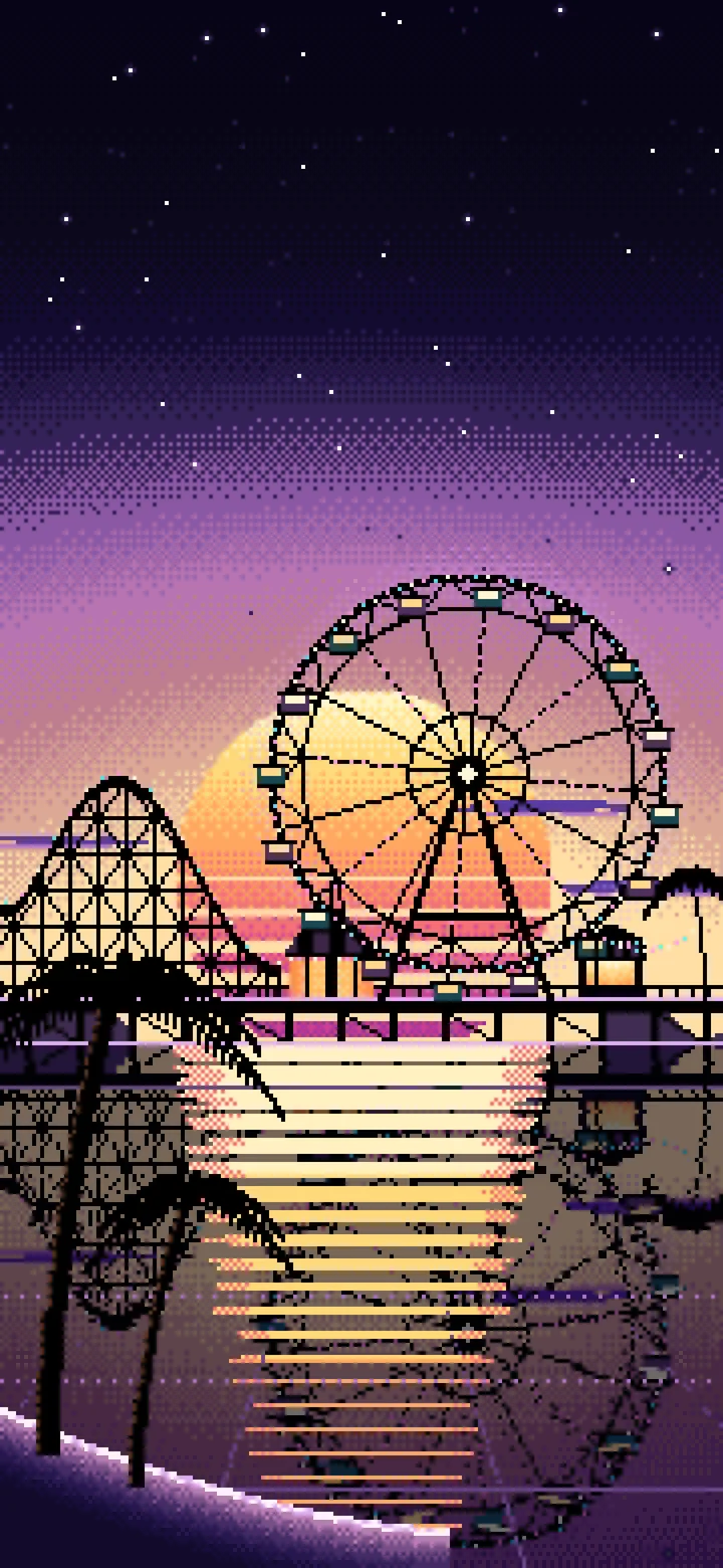 Black Pixel Art Synthwave Ferris Wheel Pier wallpaper for iPhone and Android