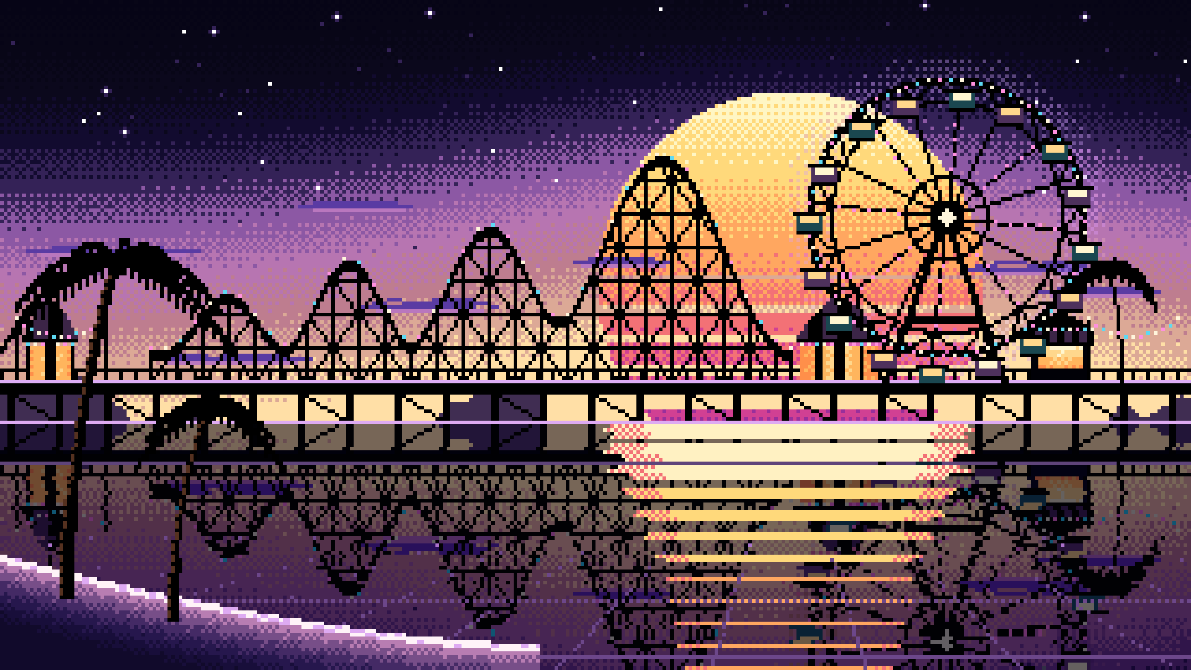 Black Pixel Art Synthwave Ferris Wheel Pier desktop wallpaper in 4K