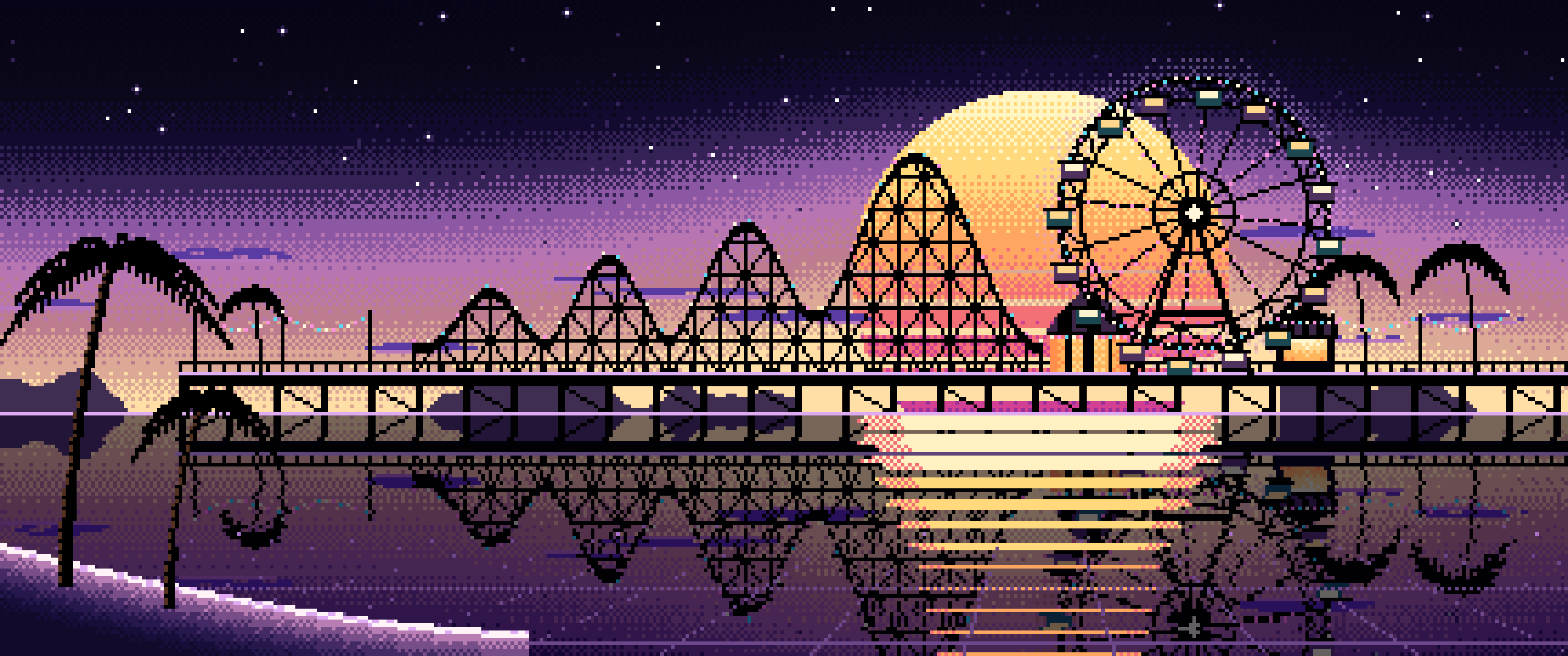 Black Pixel Art Synthwave Ferris Wheel Pier ultrawide wallpaper, 3440 × 1440