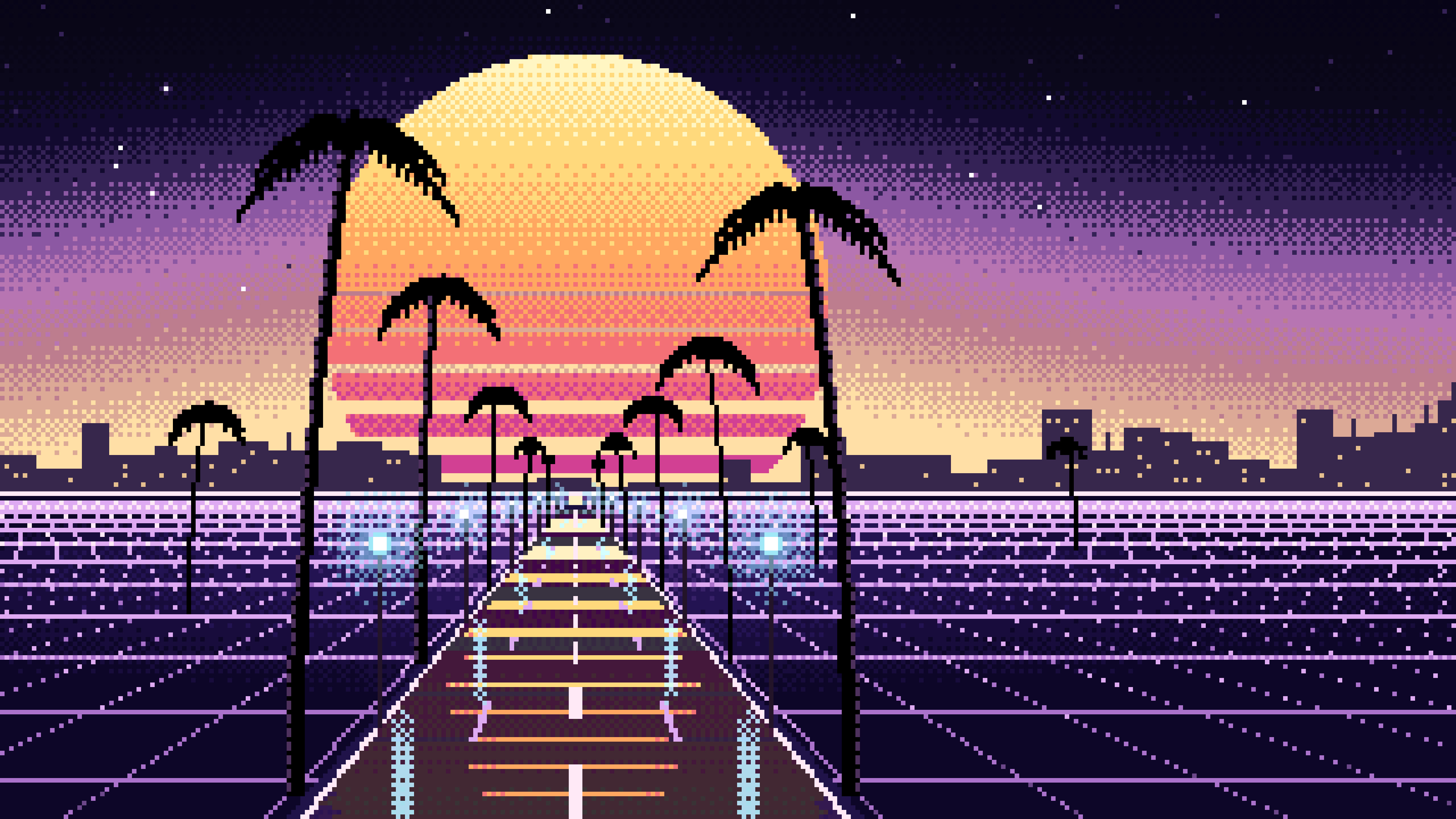 Black Pixel Art Synthwave Palm Boulevard desktop wallpaper in 4K