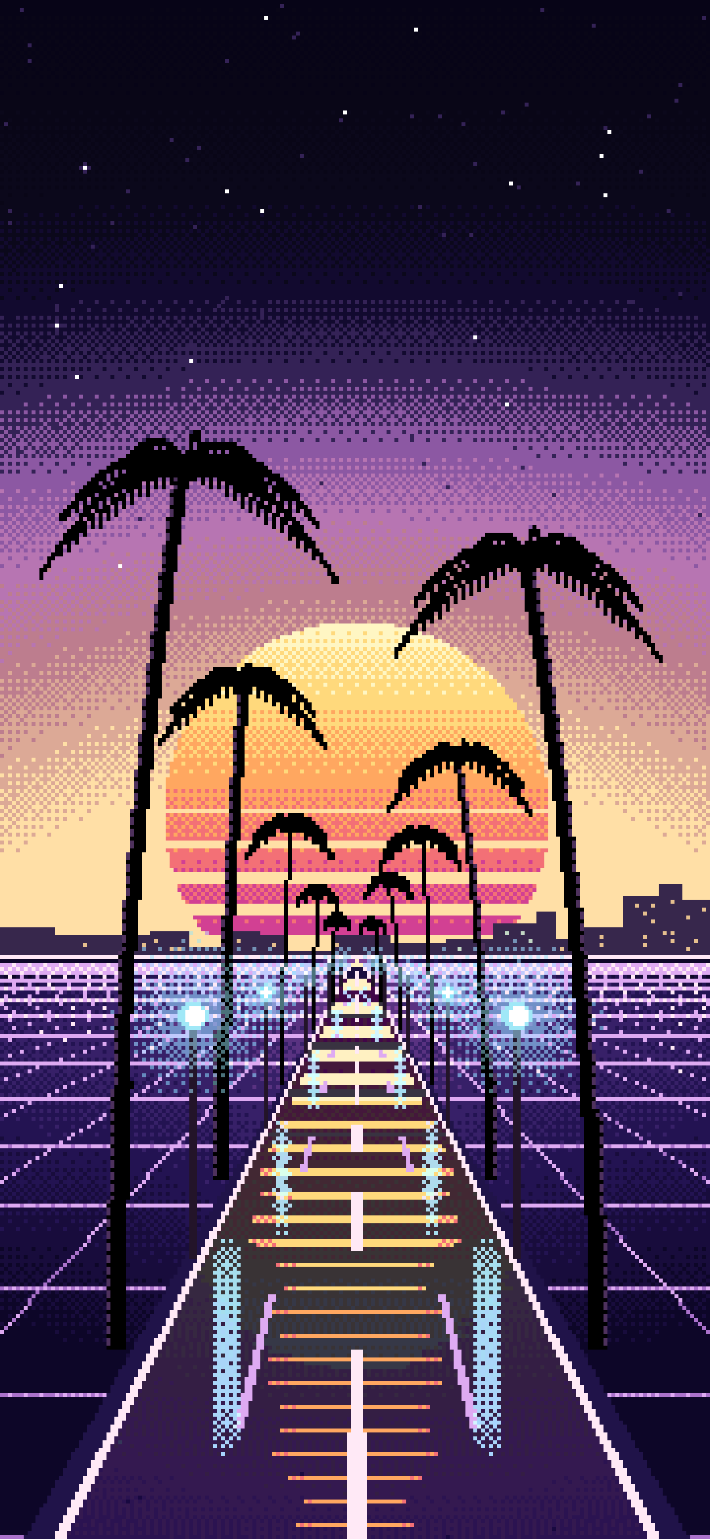 Black Pixel Art Synthwave Palm Boulevard wallpaper for iPhone and Android
