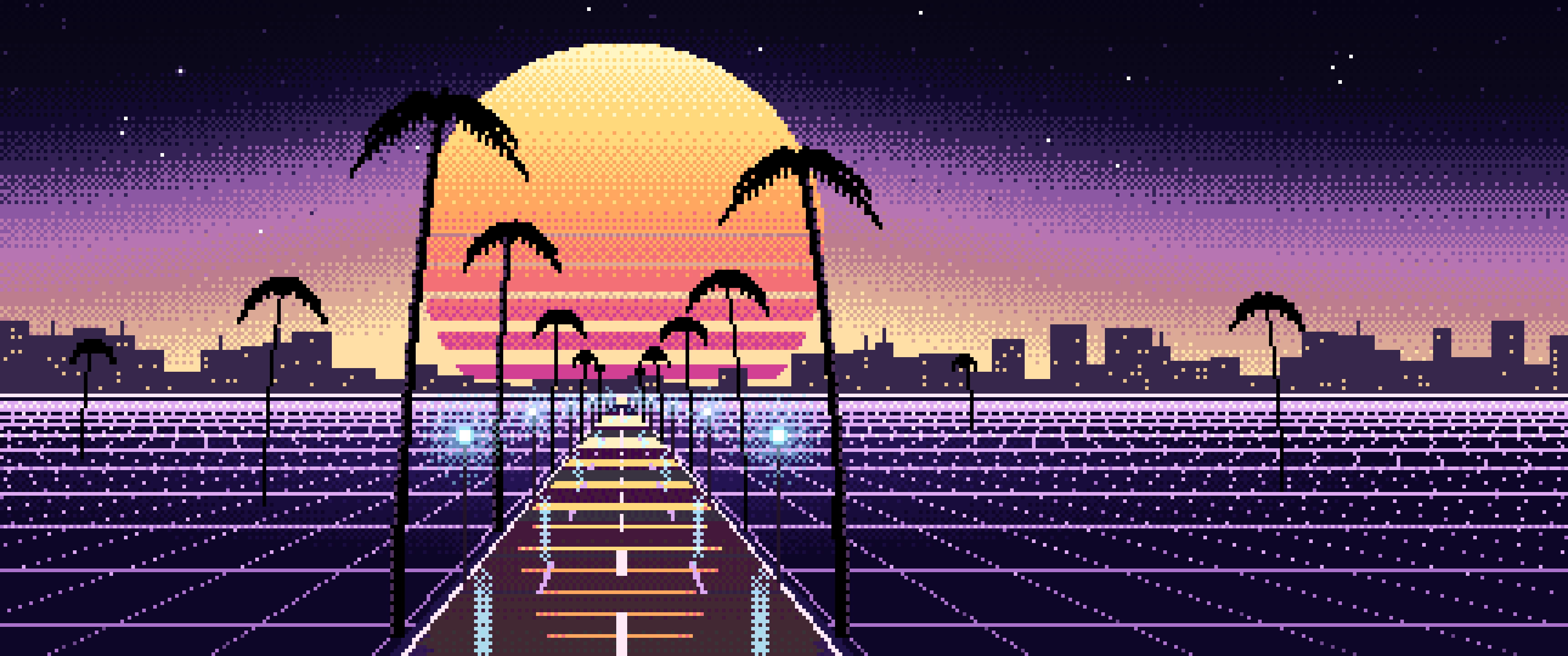 Black Pixel Art Synthwave Palm Boulevard ultrawide wallpaper, 3440 × 1440