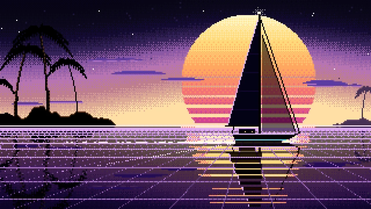 Black Pixel Art Synthwave Sailboat at Sunset desktop wallpaper in 4K