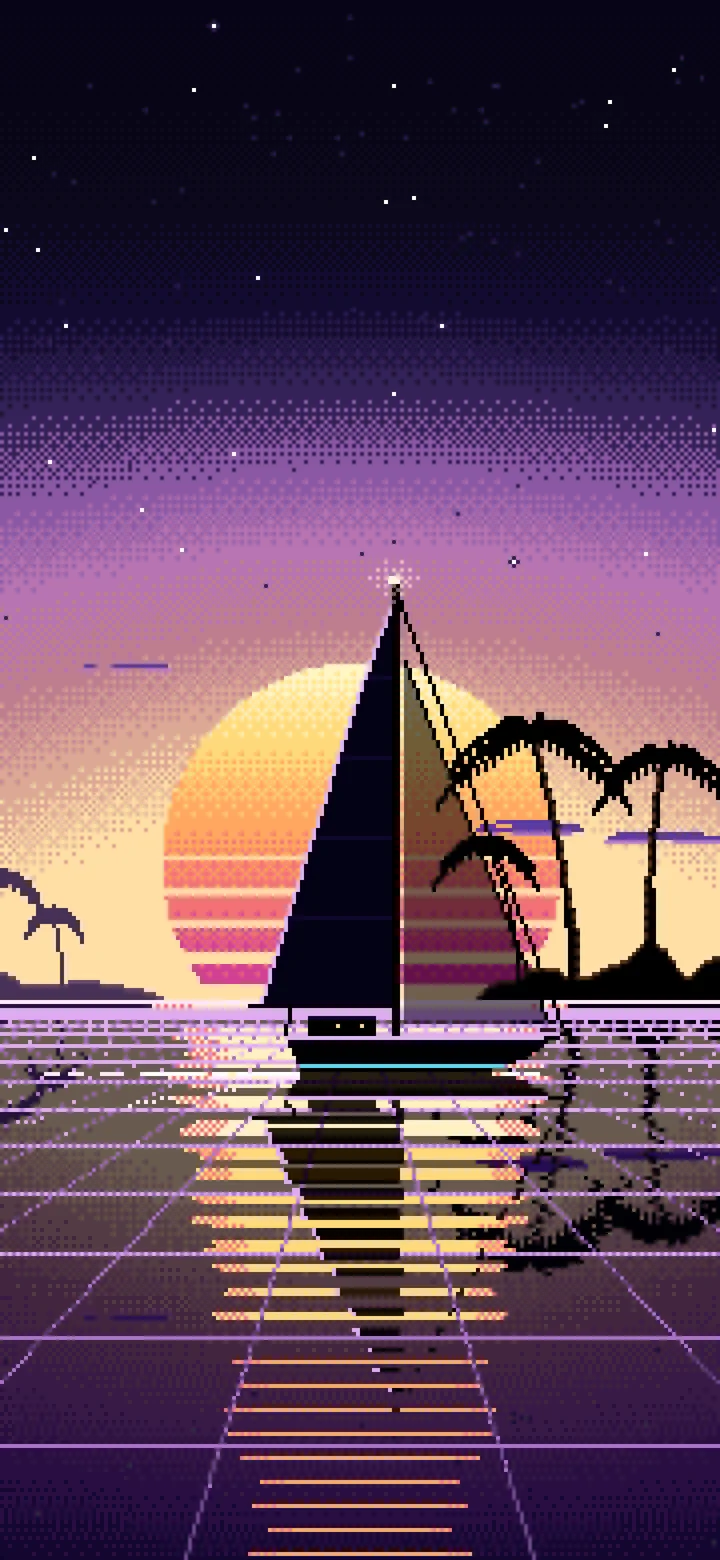 Black Pixel Art Synthwave Sailboat at Sunset wallpaper for iPhone and Android