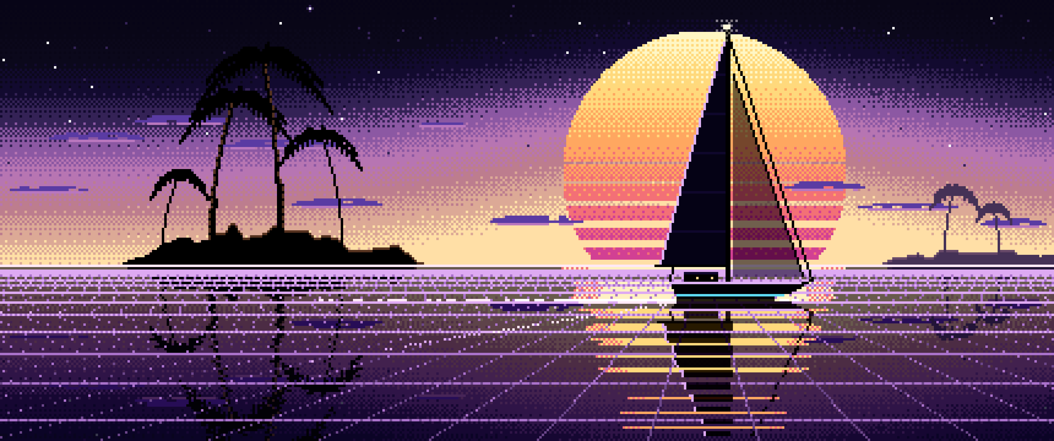 Black Pixel Art Synthwave Sailboat at Sunset ultrawide wallpaper, 3440 × 1440