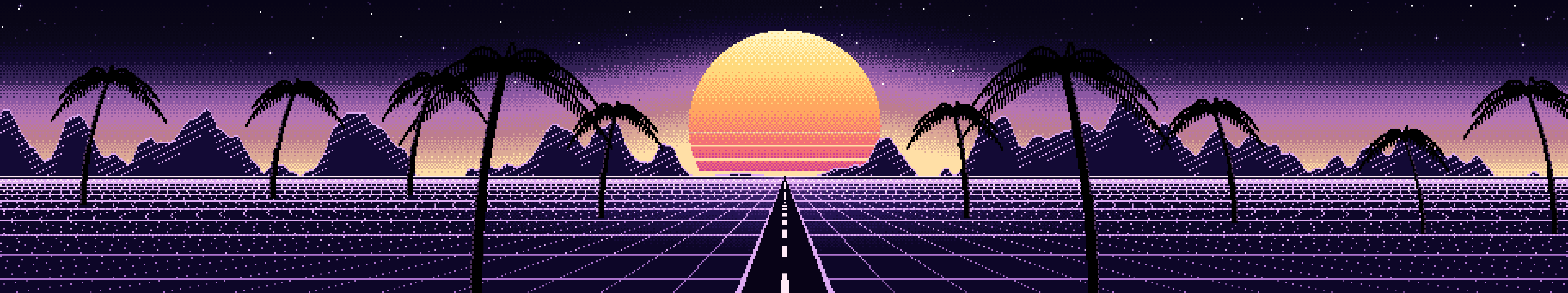Black Pixel Art Synthwave triple monitor wallpaper, 7680 × 1440