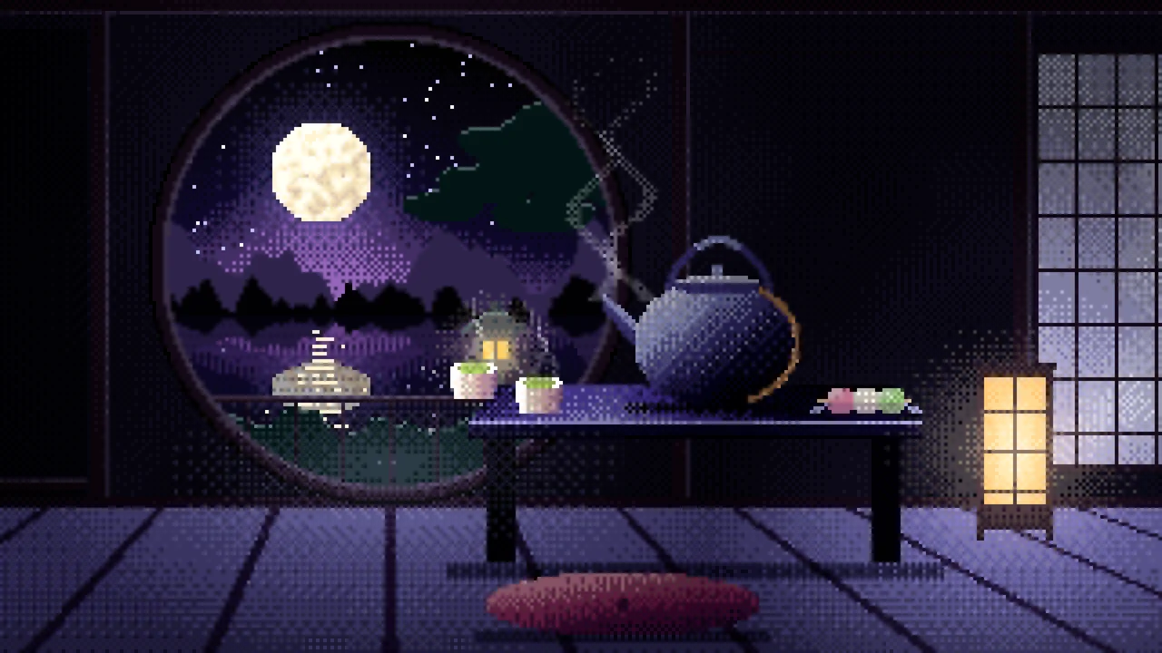 Black Pixel Art Tea House and Moon Window desktop wallpaper in 4K