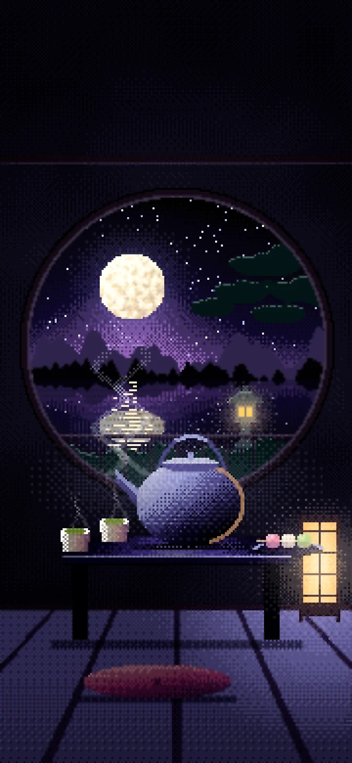 Black Pixel Art Tea House and Moon Window wallpaper for iPhone and Android