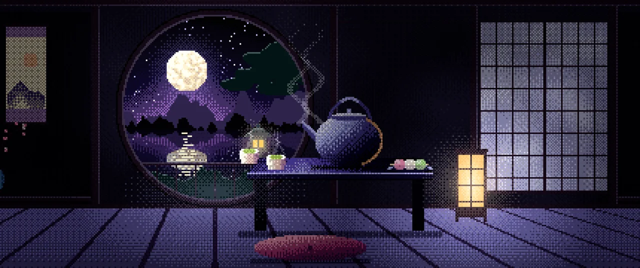 Black Pixel Art Tea House and Moon Window ultrawide wallpaper, 3440 × 1440