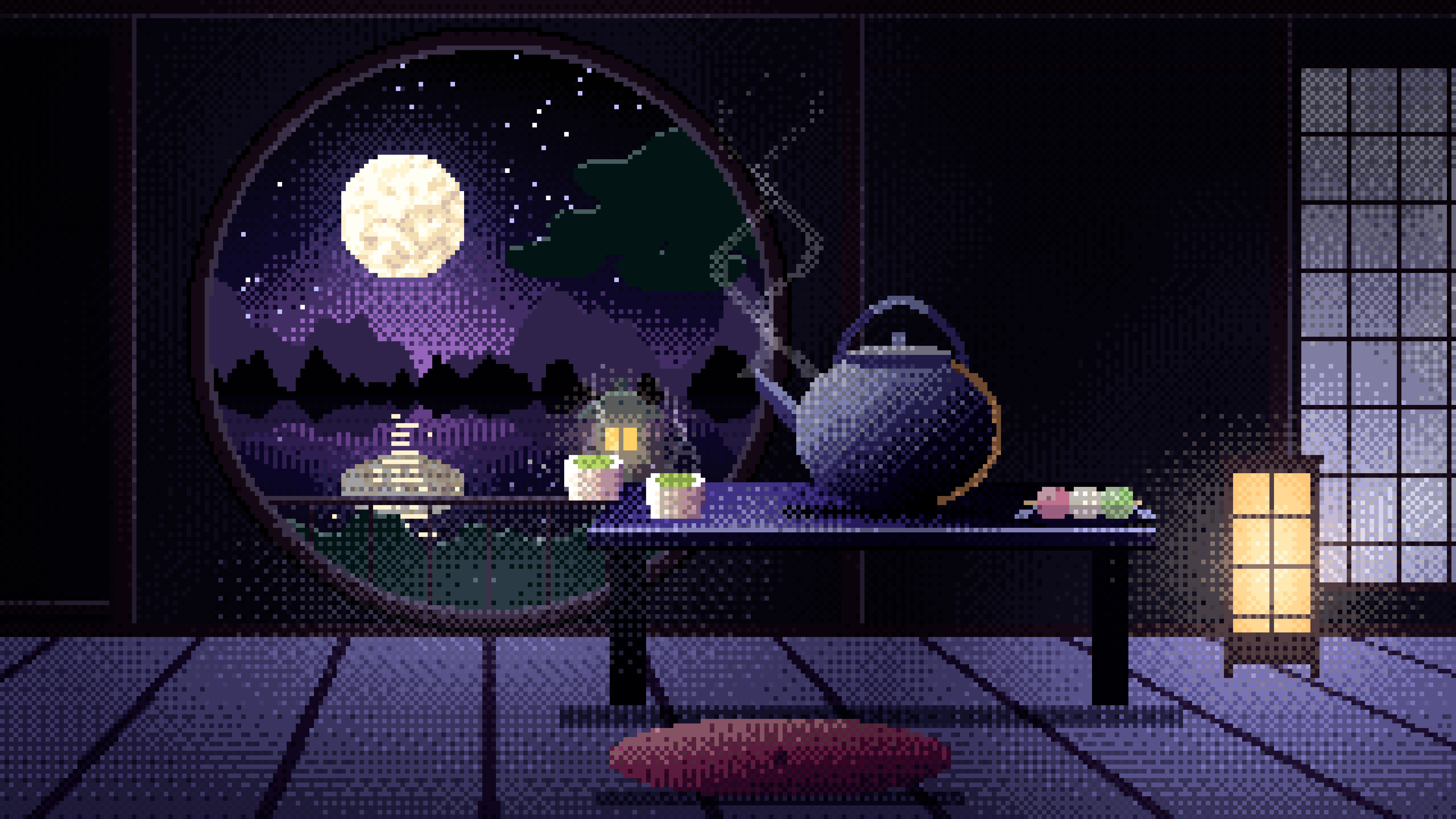 Black Pixel Art Tea House and Moon Window desktop wallpaper in 4K