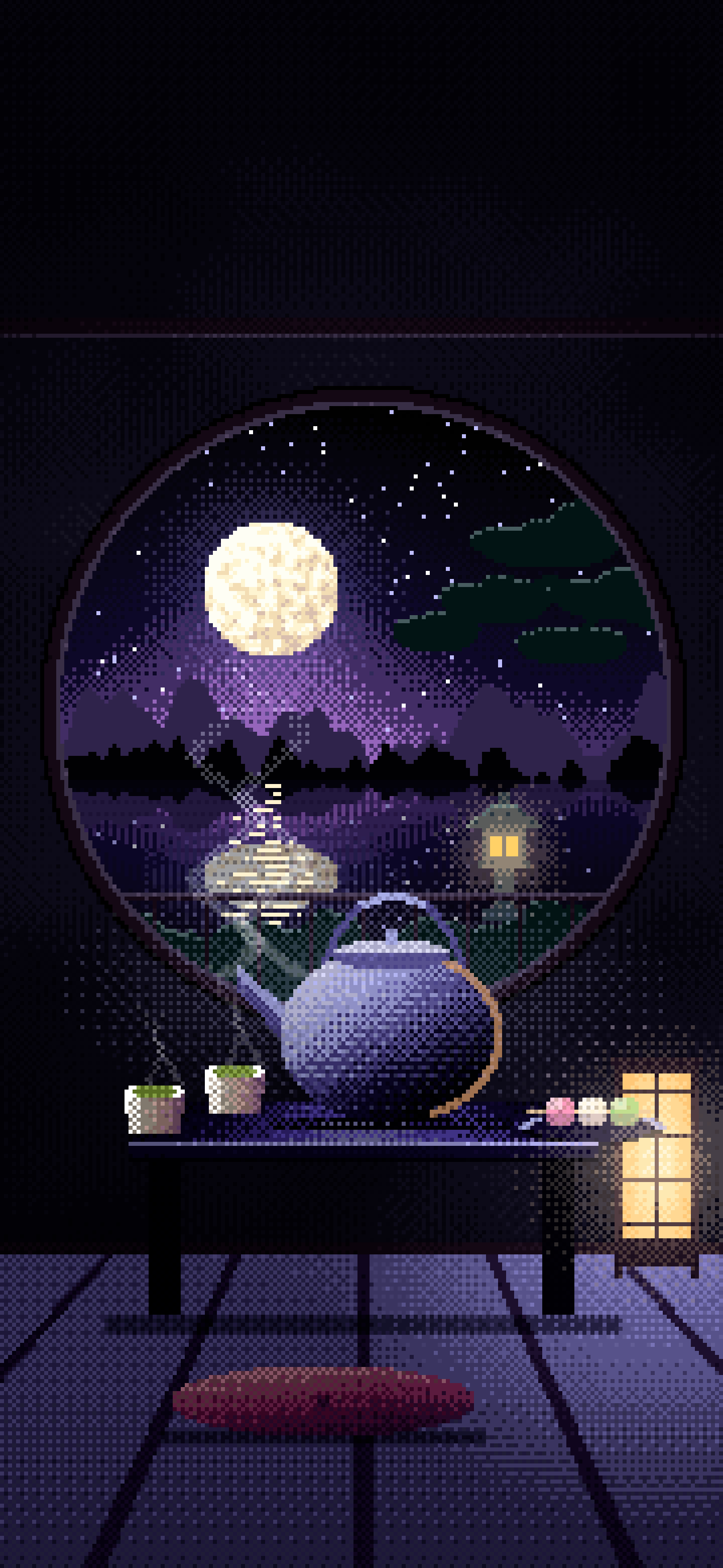Black Pixel Art Tea House and Moon Window wallpaper for iPhone and Android