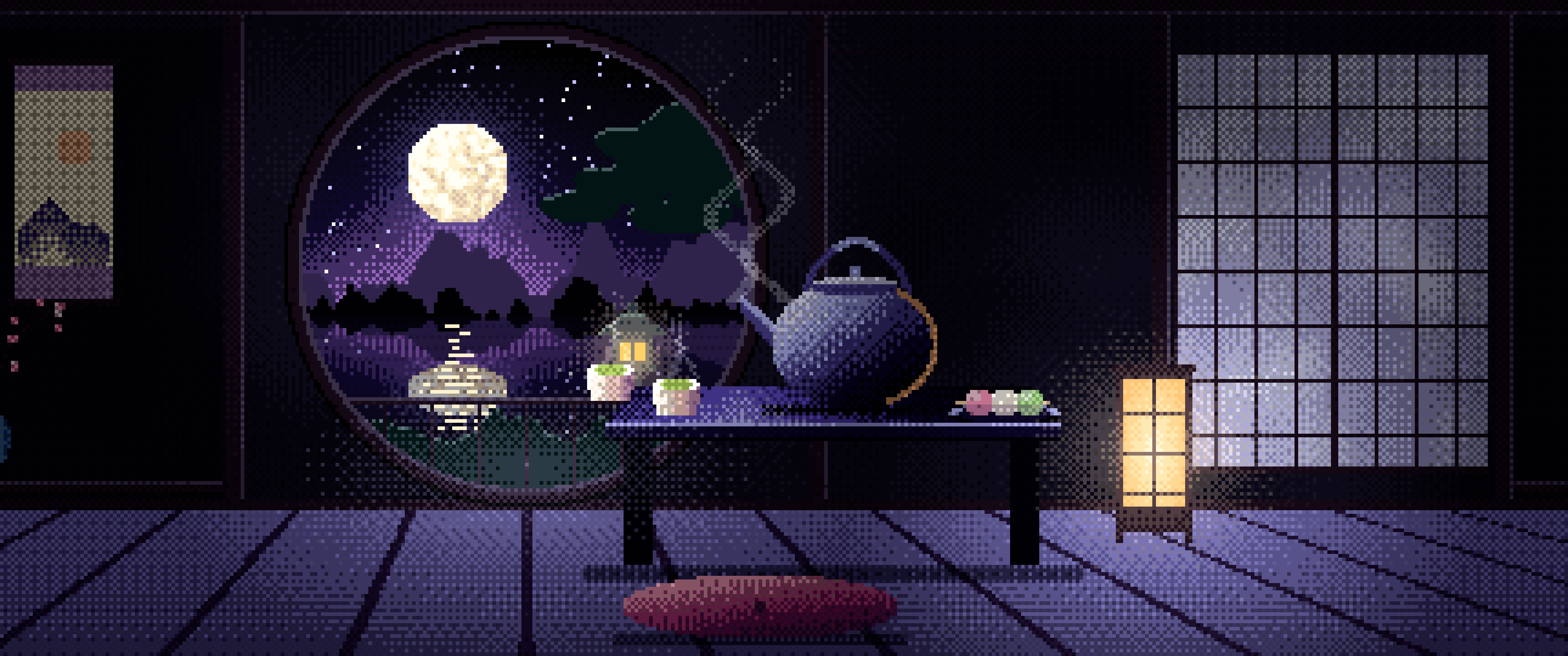 Black Pixel Art Tea House and Moon Window ultrawide wallpaper, 3440 × 1440