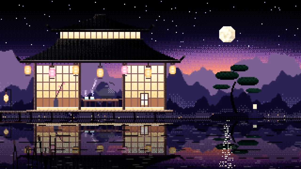 Black Pixel Art Tea House by a Lake desktop wallpaper in 4K