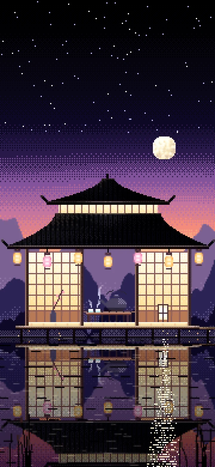 Black Pixel Art Tea House by a Lake wallpaper for iPhone and Android