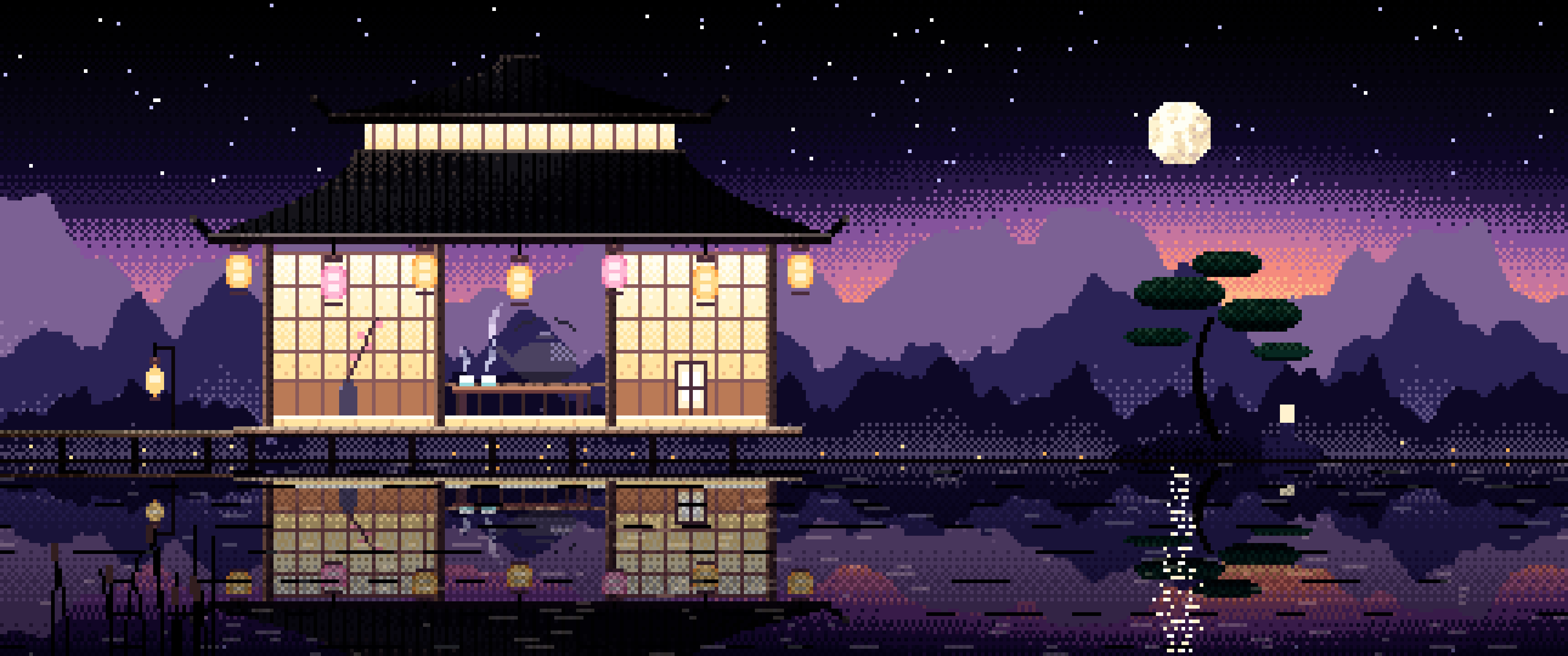 Black Pixel Art Tea House by a Lake ultrawide wallpaper, 3440 × 1440